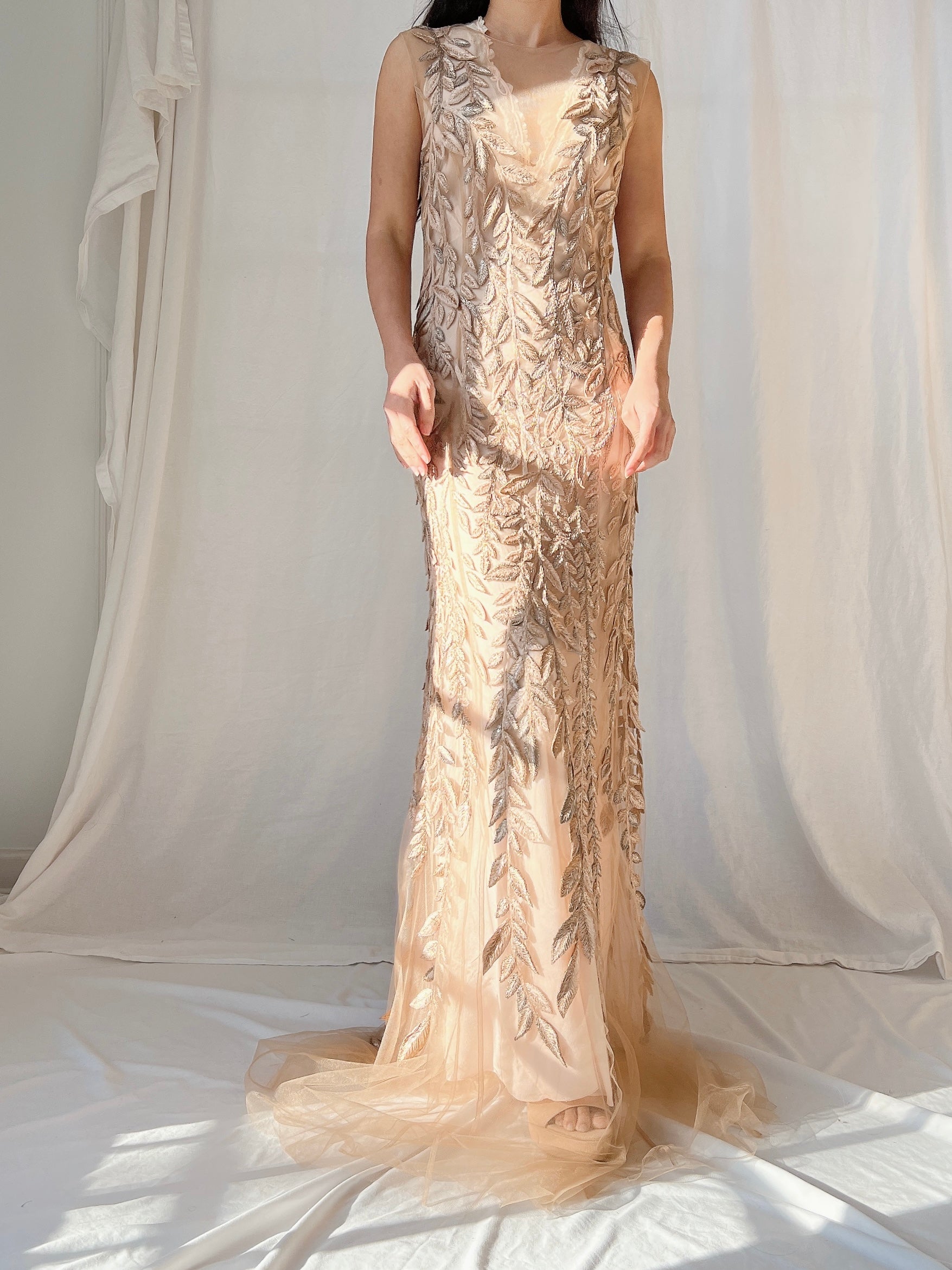 Vintage Sheer Leaf Applique Dress - S/4