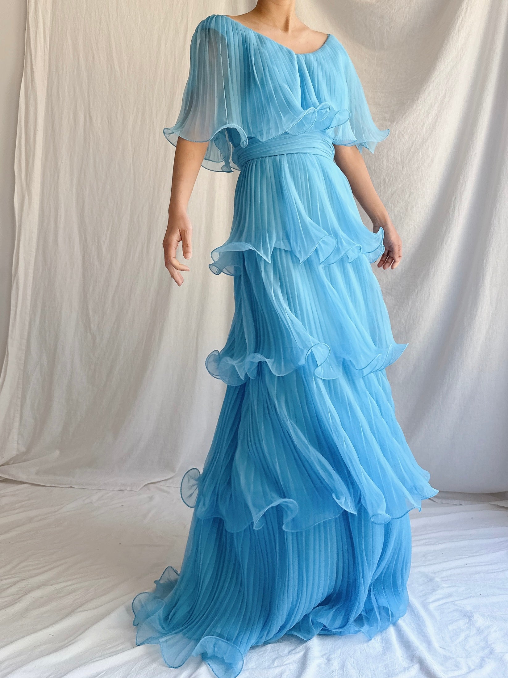 1970s Blue Tiered Dress - S