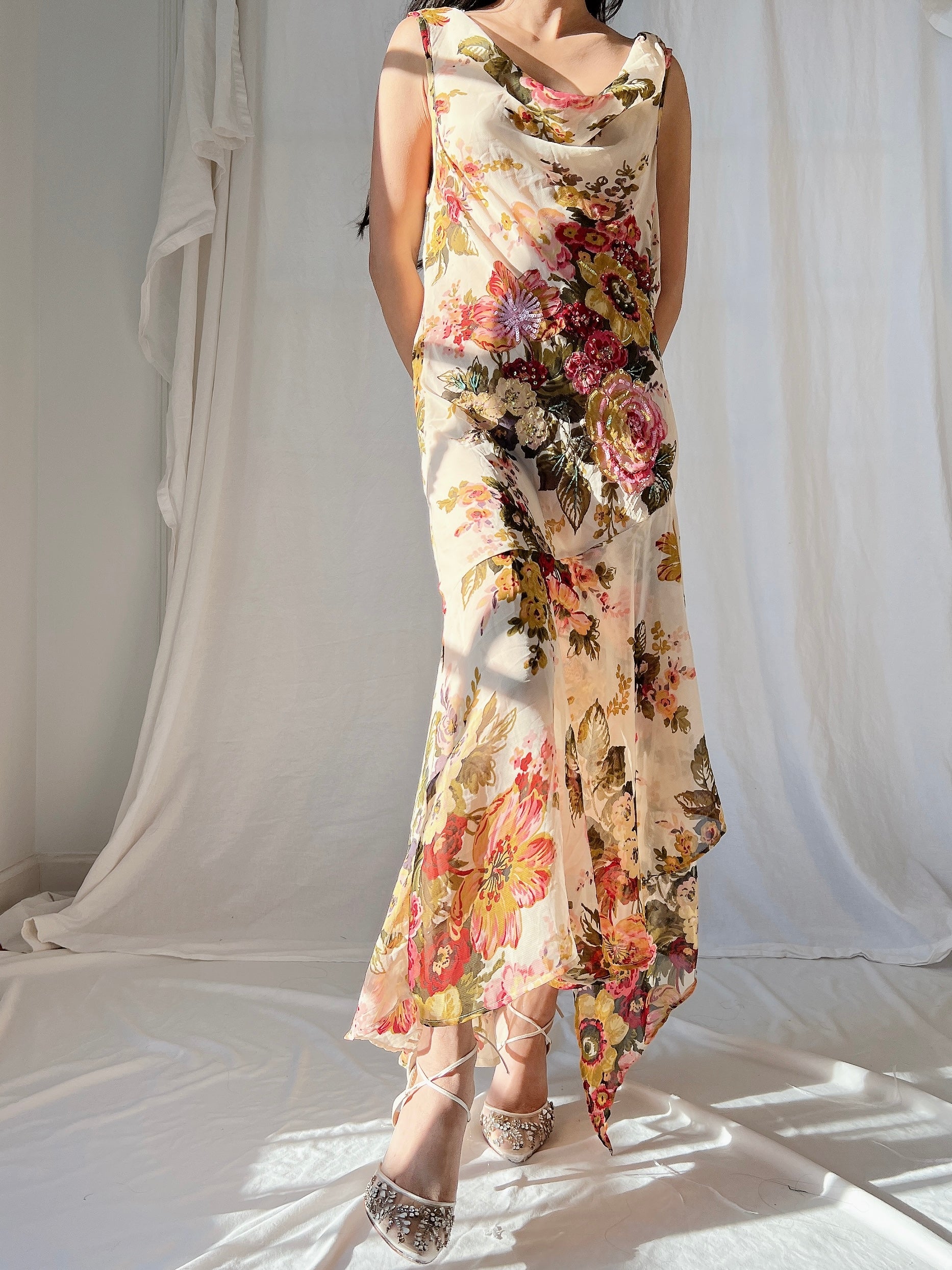 Vintage Chiffon Floral Dress - M