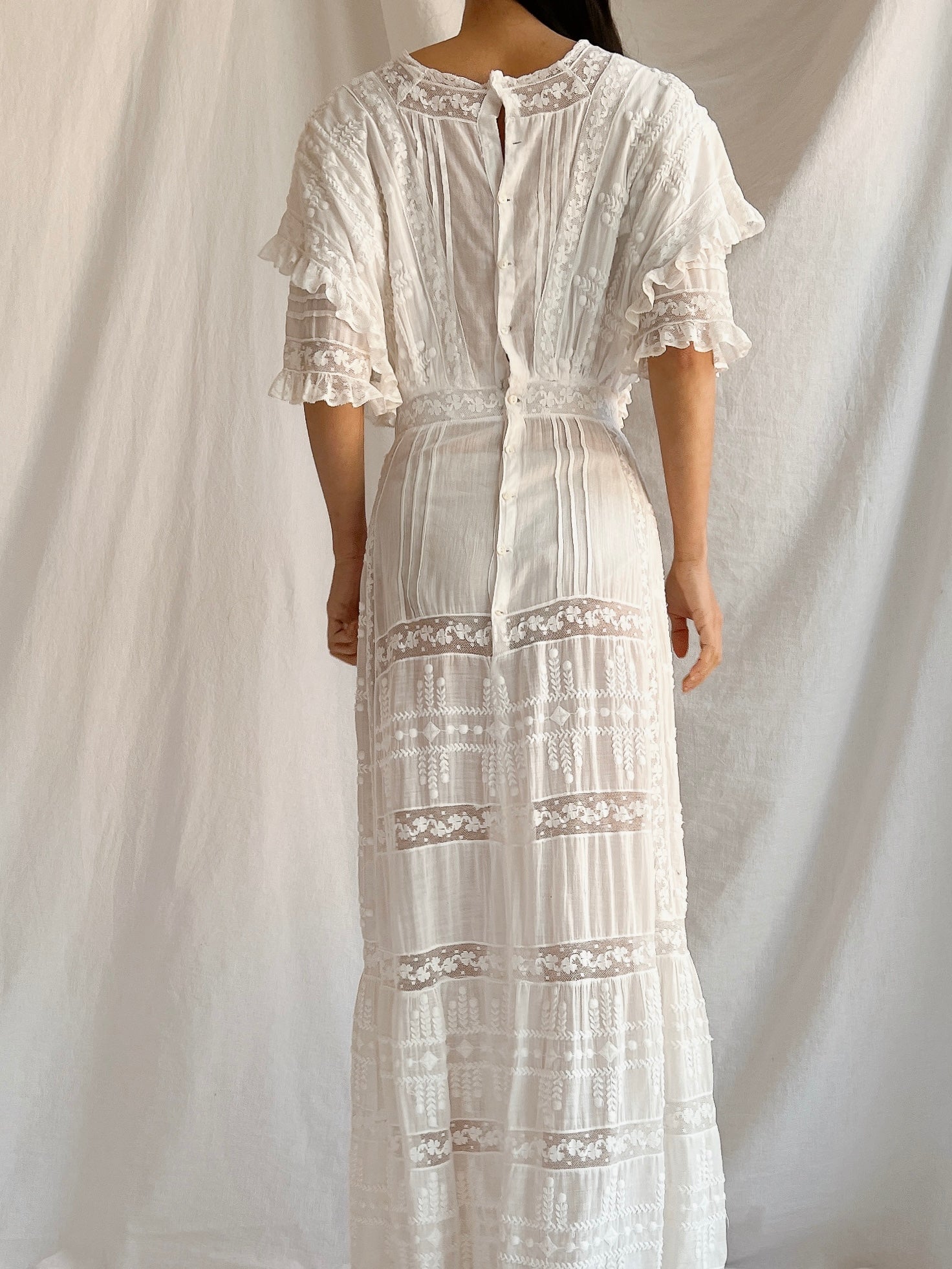 Edwardian Cotton Draped Bodice Lawn Dress - XS