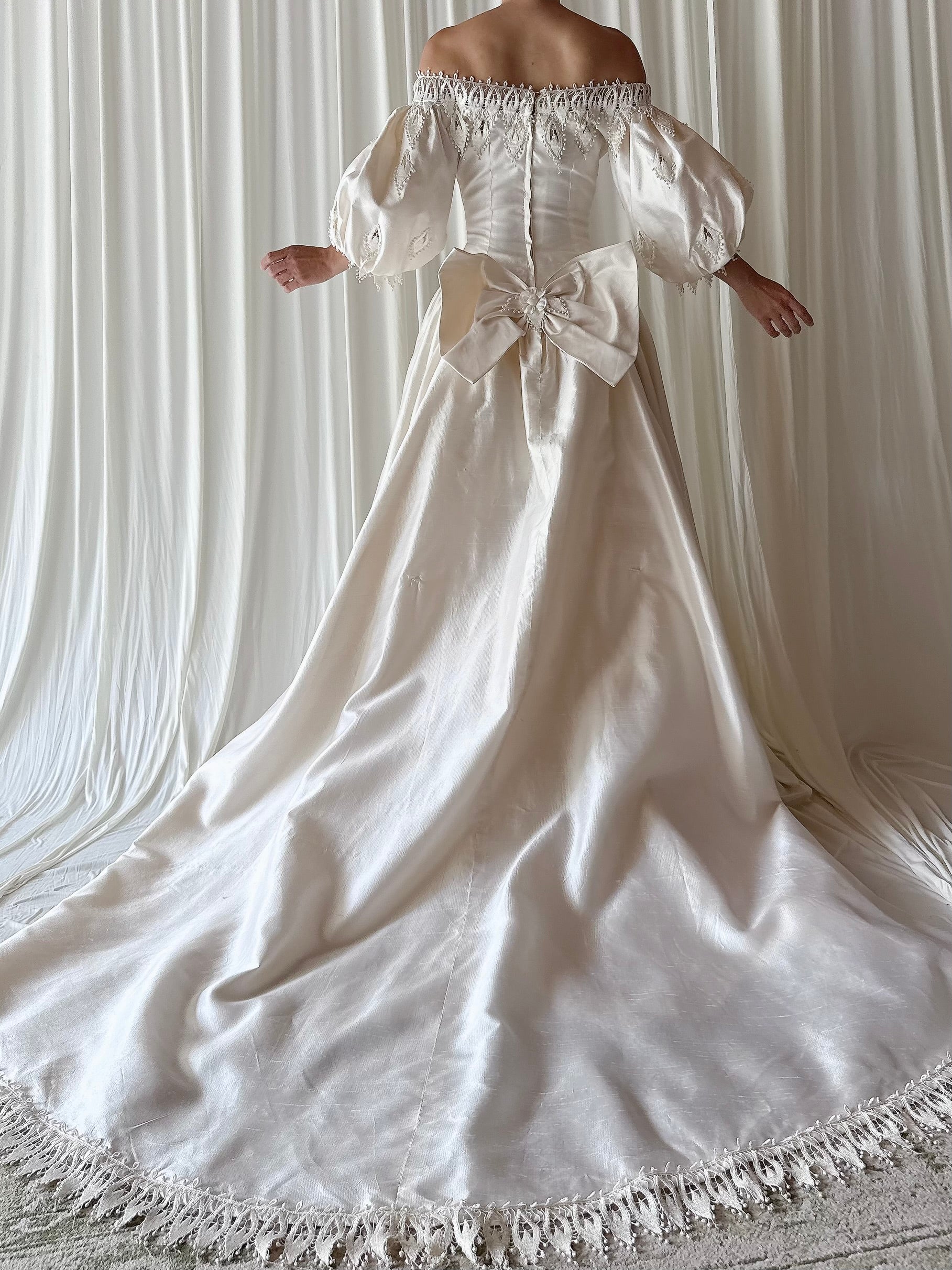 1990s Christos Puff Sleeve Raw Silk Dress -XS