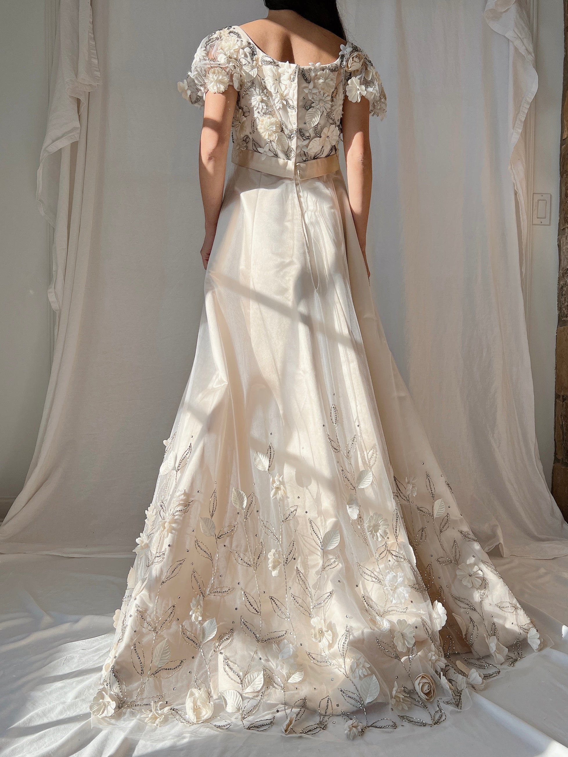 1960s Nolan Miller Silk Floral Applique Gown - S