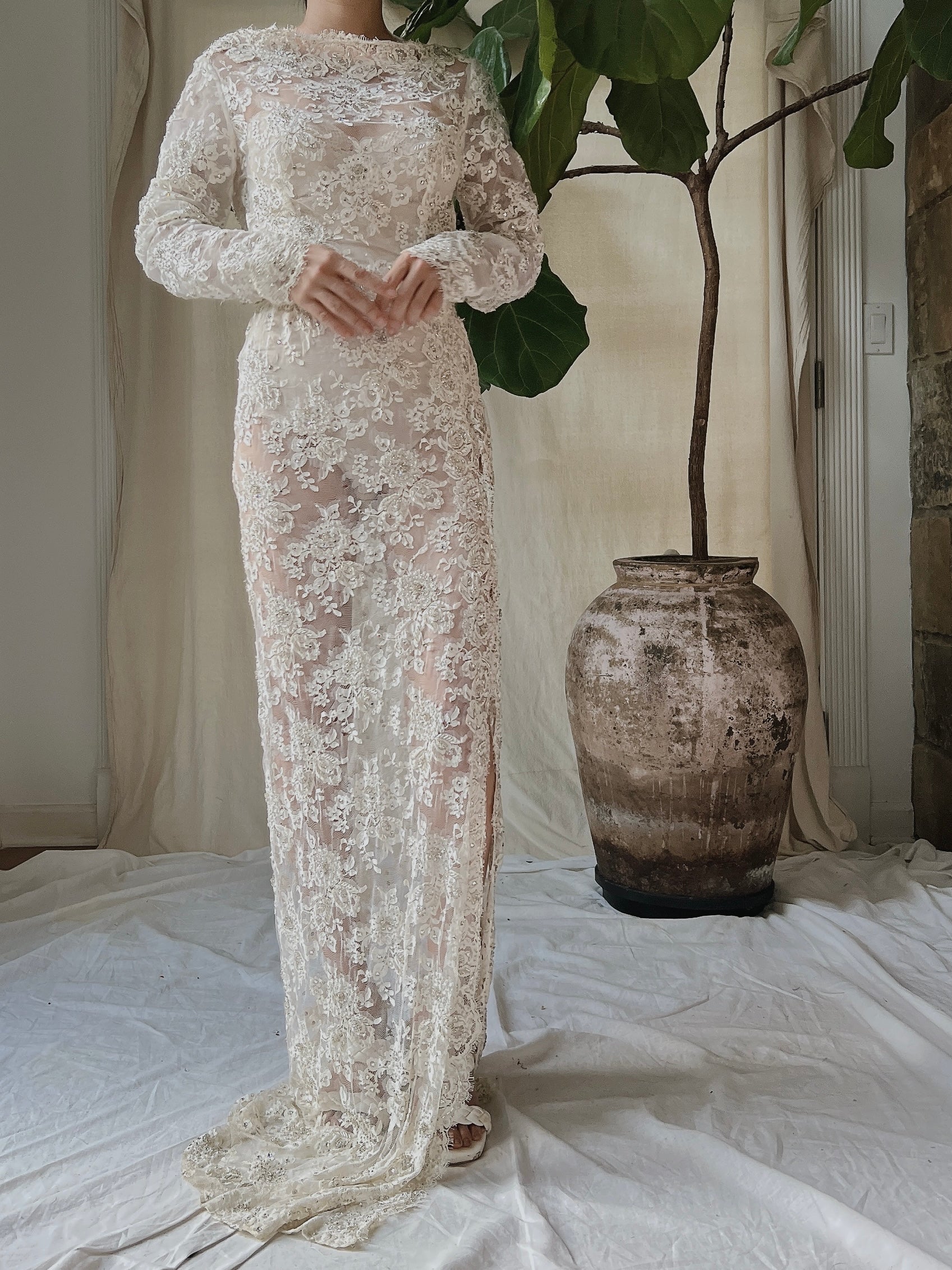 Vintage Silk Lace Beaded Gown - S