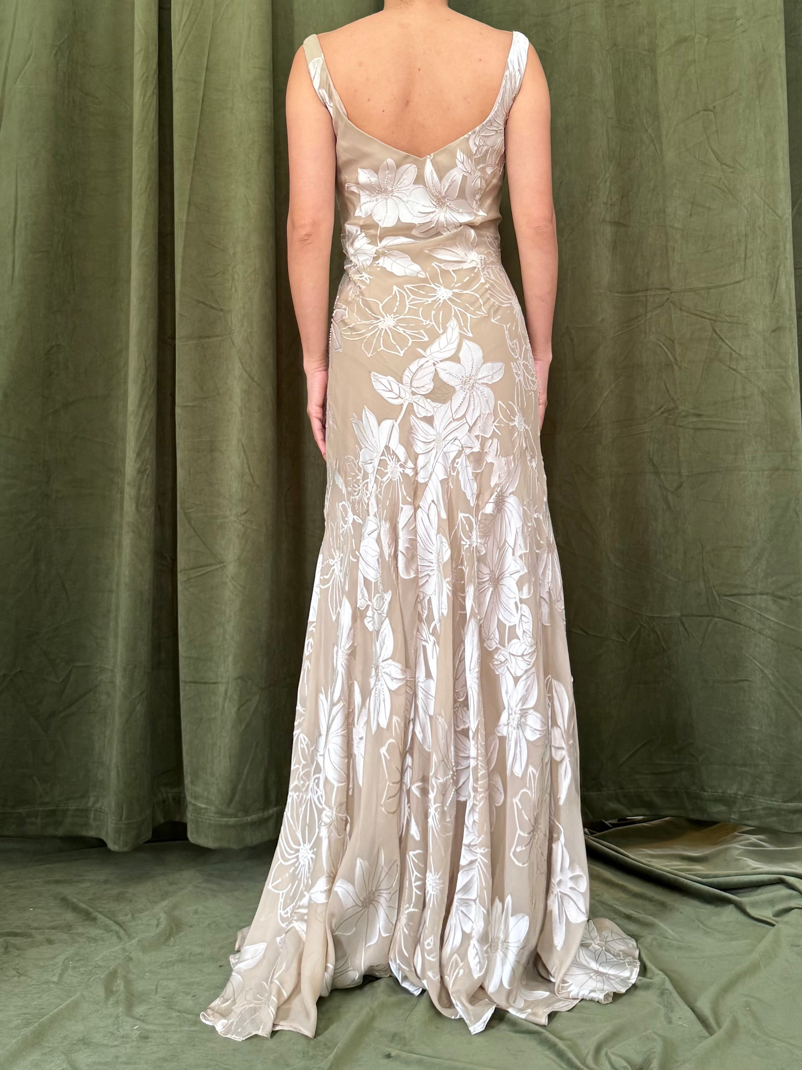 1990s Taupe Burnout Rayon Gown - M