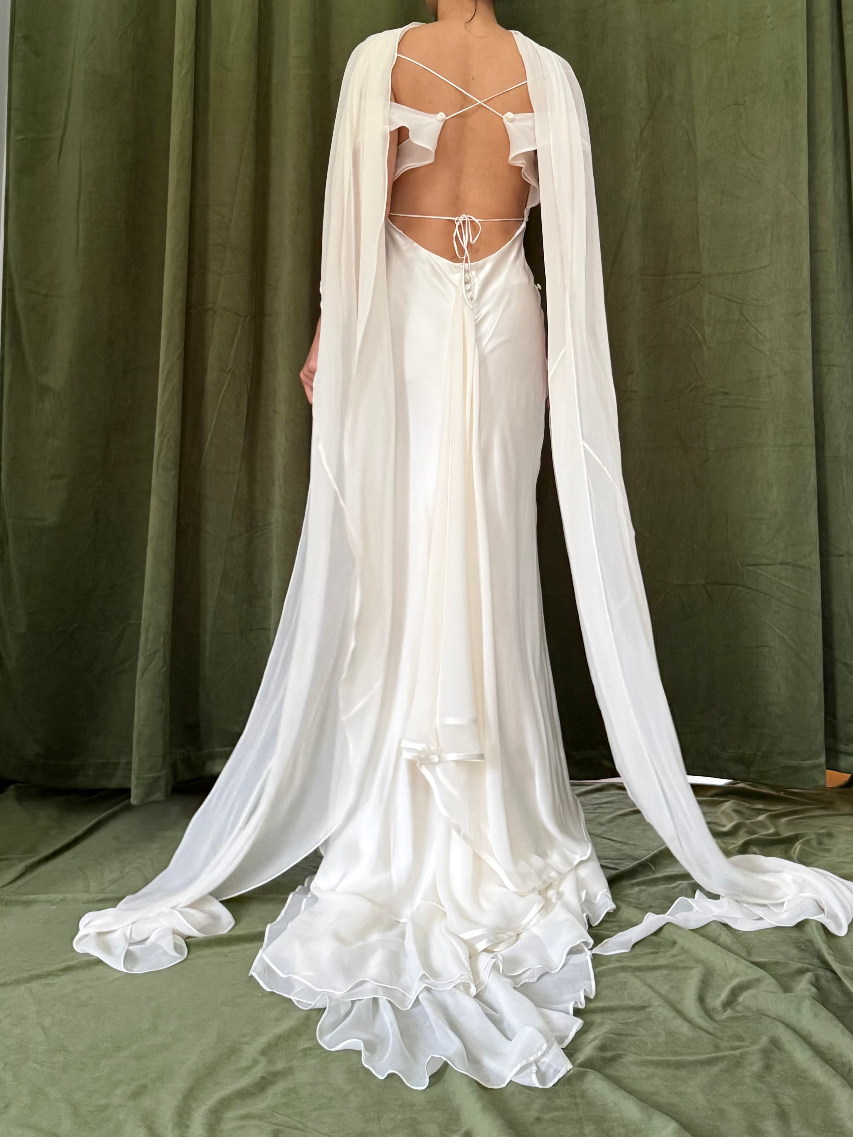 1990s Silk Chiffon Charmeuse Gown w/Scarf - M