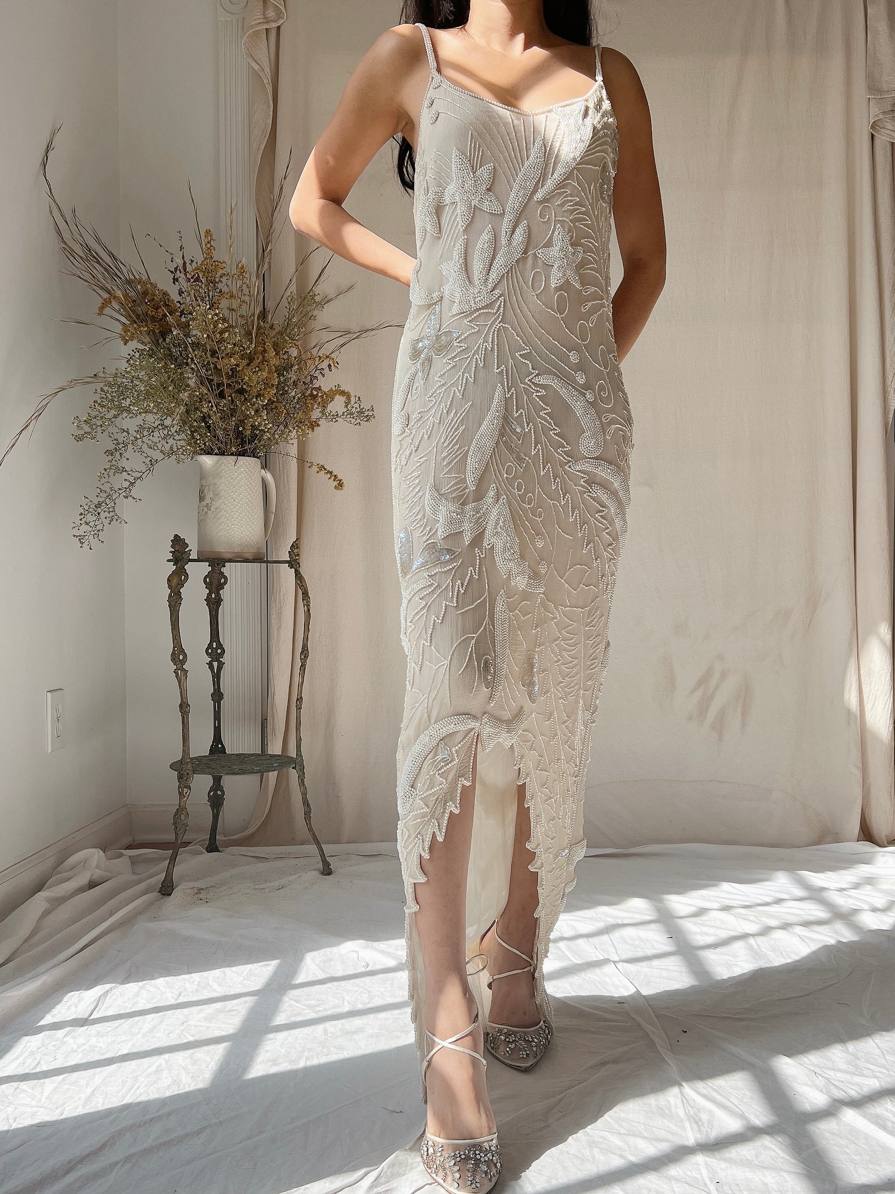 1980s Silk Chiffon Seed Pearls Stars Dress - M