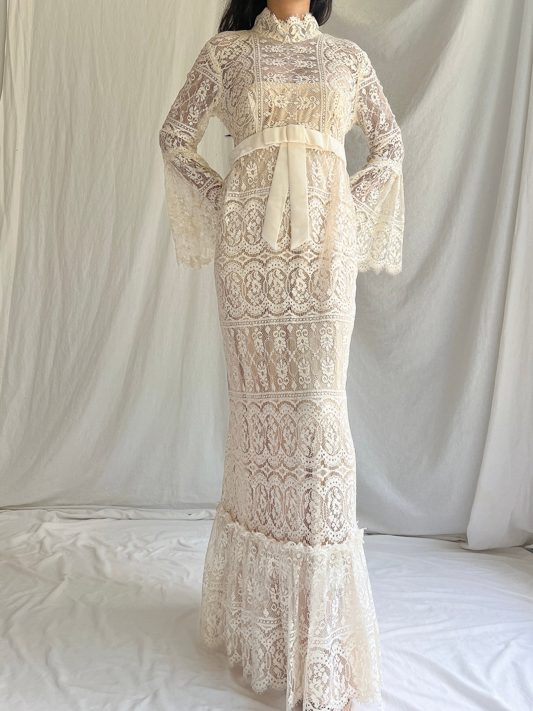 1970s Bell Sleeves Crochet Dress - XS