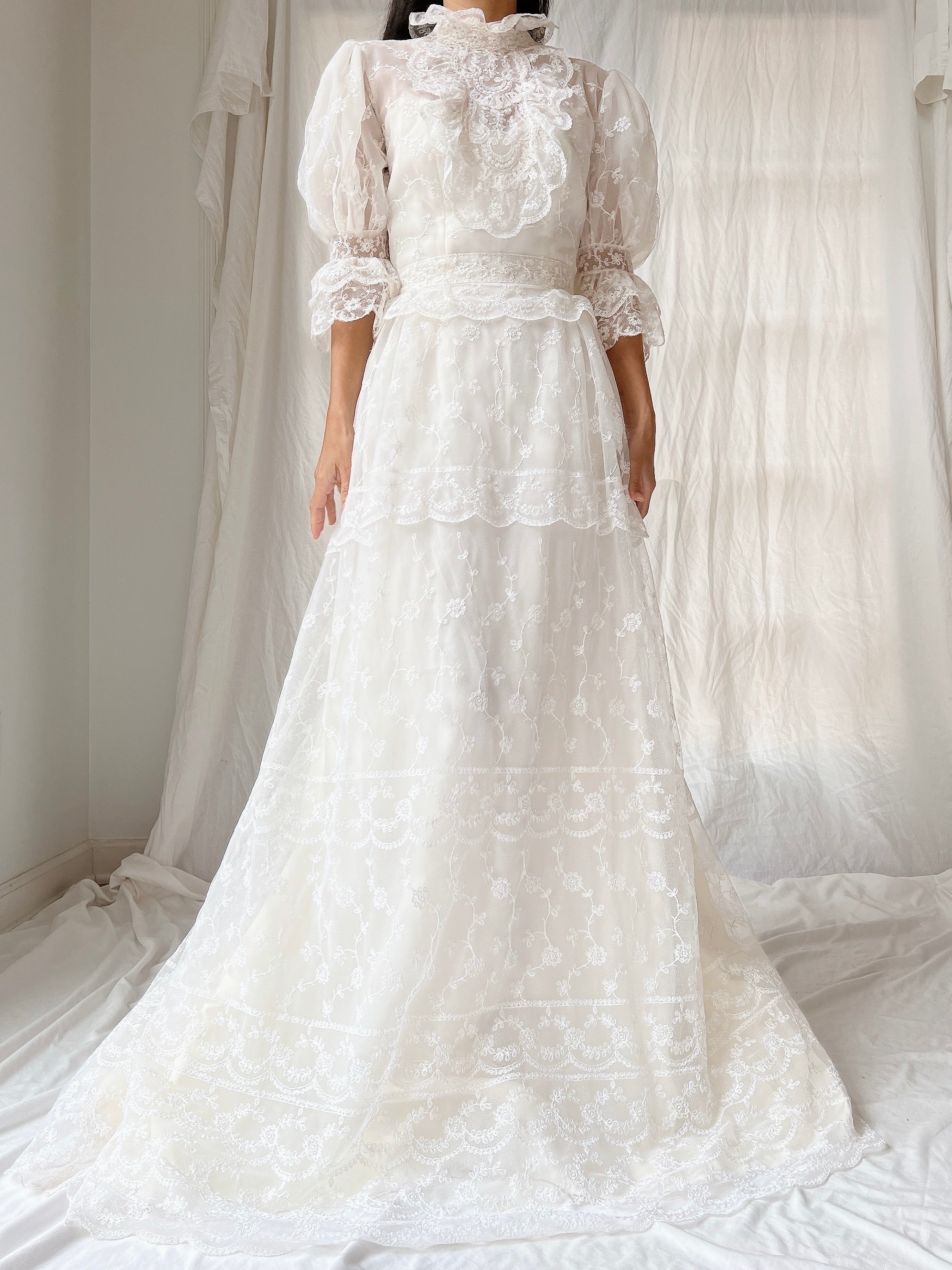Vintage Needle Lace Puff Sleeve Gown - S