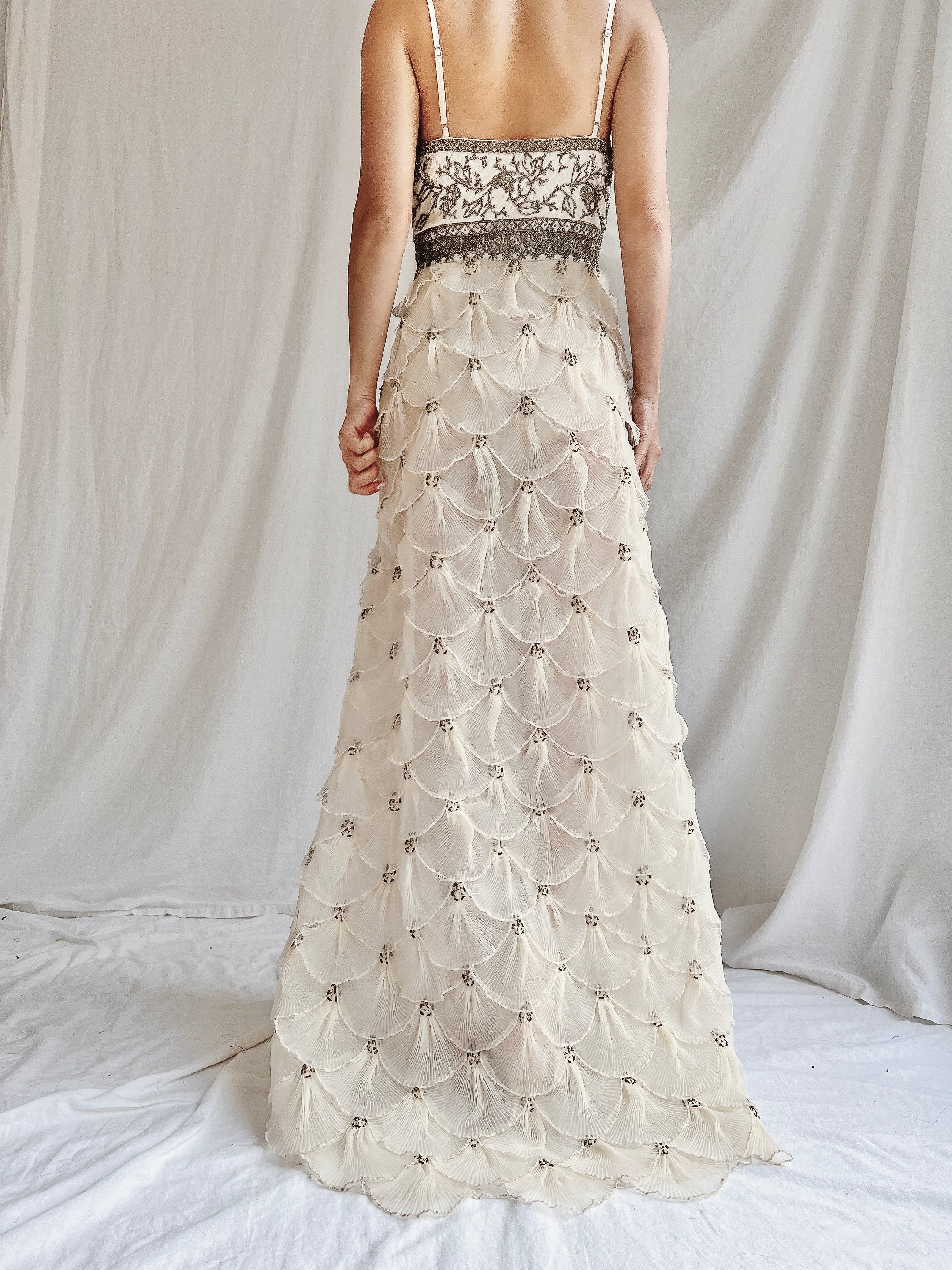 Vintage Pleated Petal Beaded Bodice Dress - S (US 4/6)