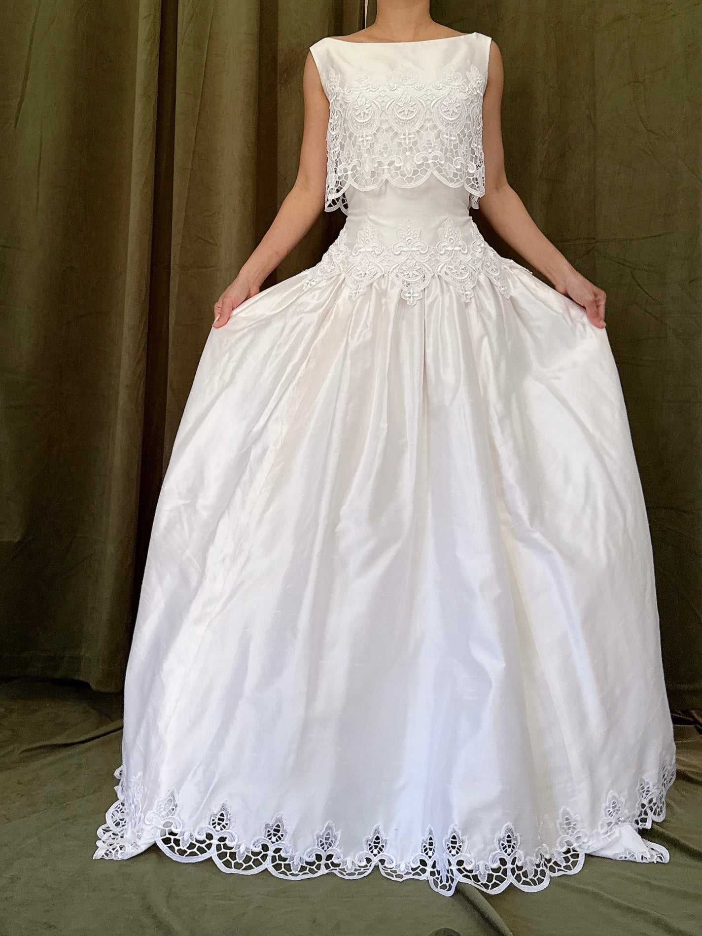 RESERVED for Cheyenne Payment 1/2 Vintage Raw Silk Embroidered Cutout Gown - S/4