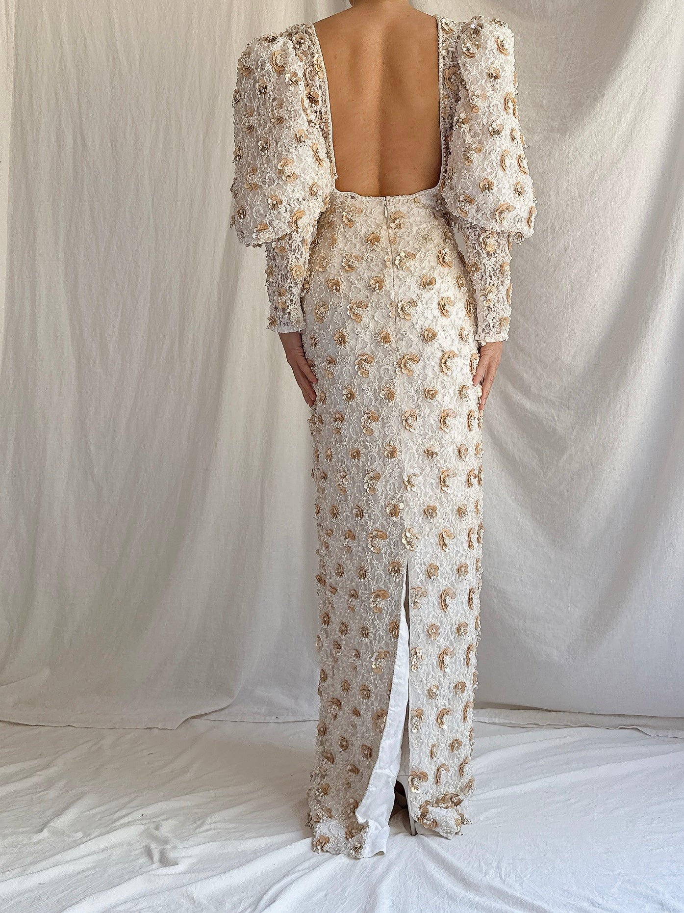 1980s Mutton Sleeves Lace Beaded Gown - M
