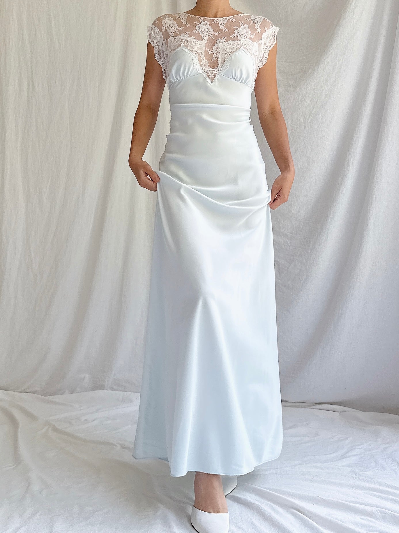 1980s Light Blue Nylon Lace Dress - M