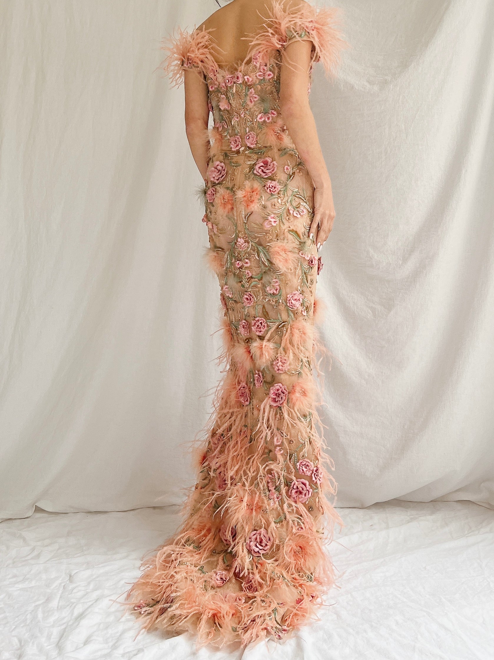 Marchesa Peach Feather 3D Embellished Gown - XS