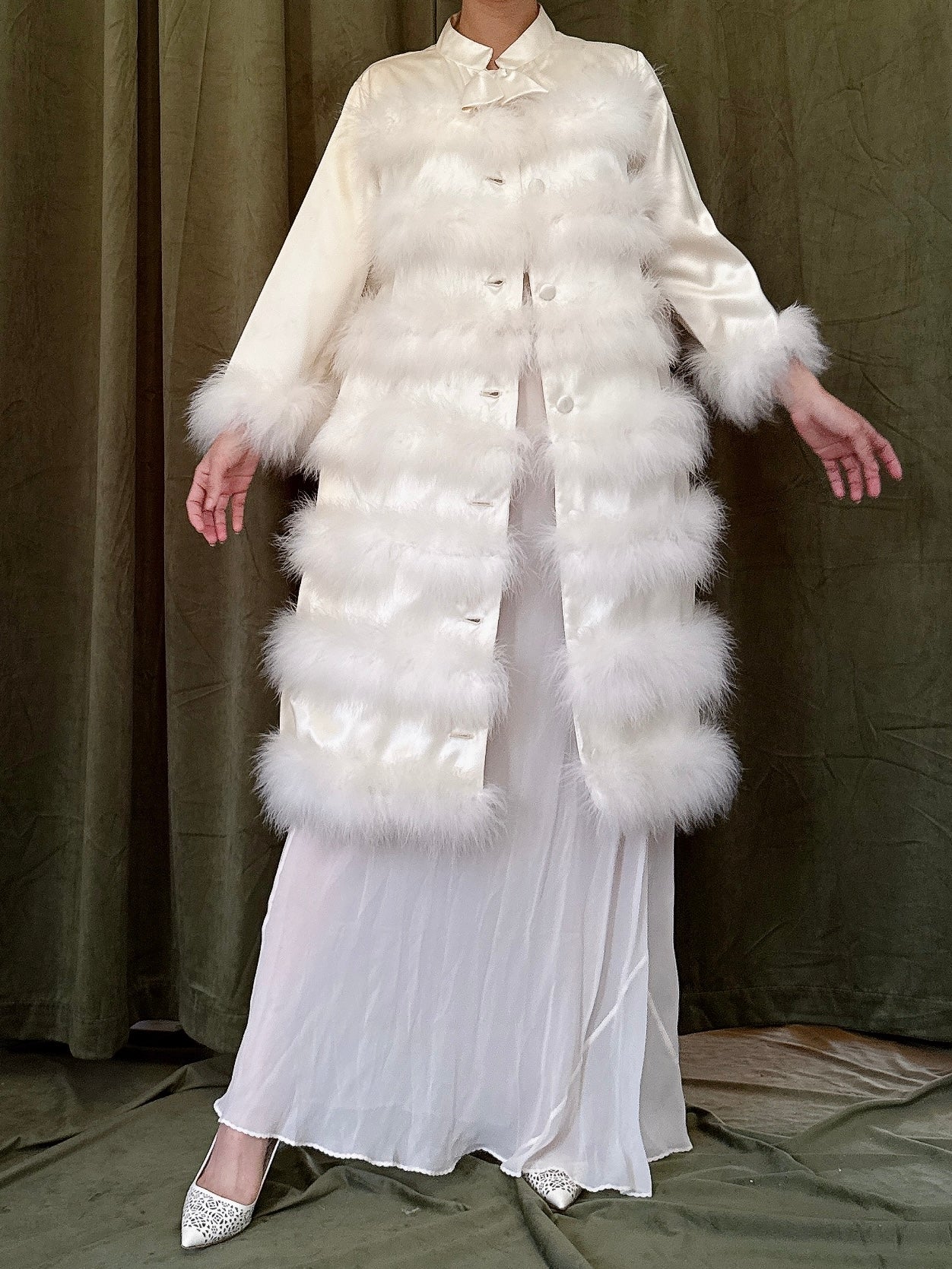 Vintage Satin Marabou Duster - M