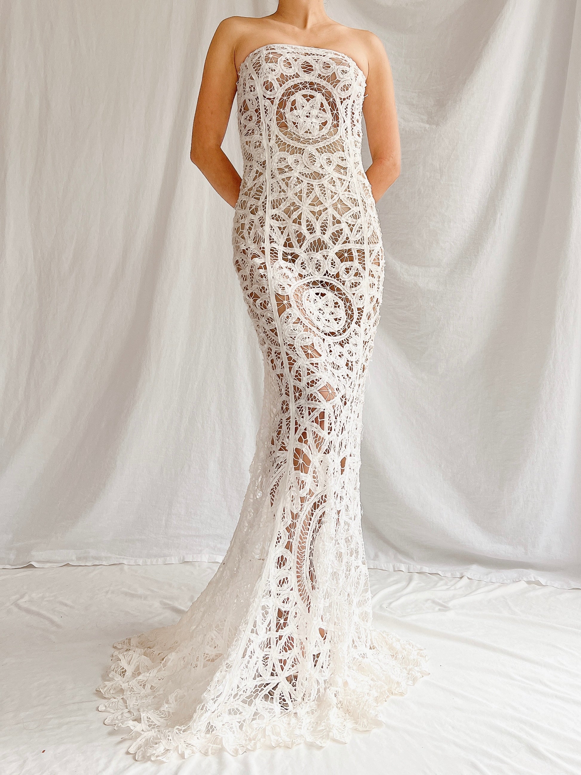 Vintage Sheer Tape Lace Strapless Gown - S