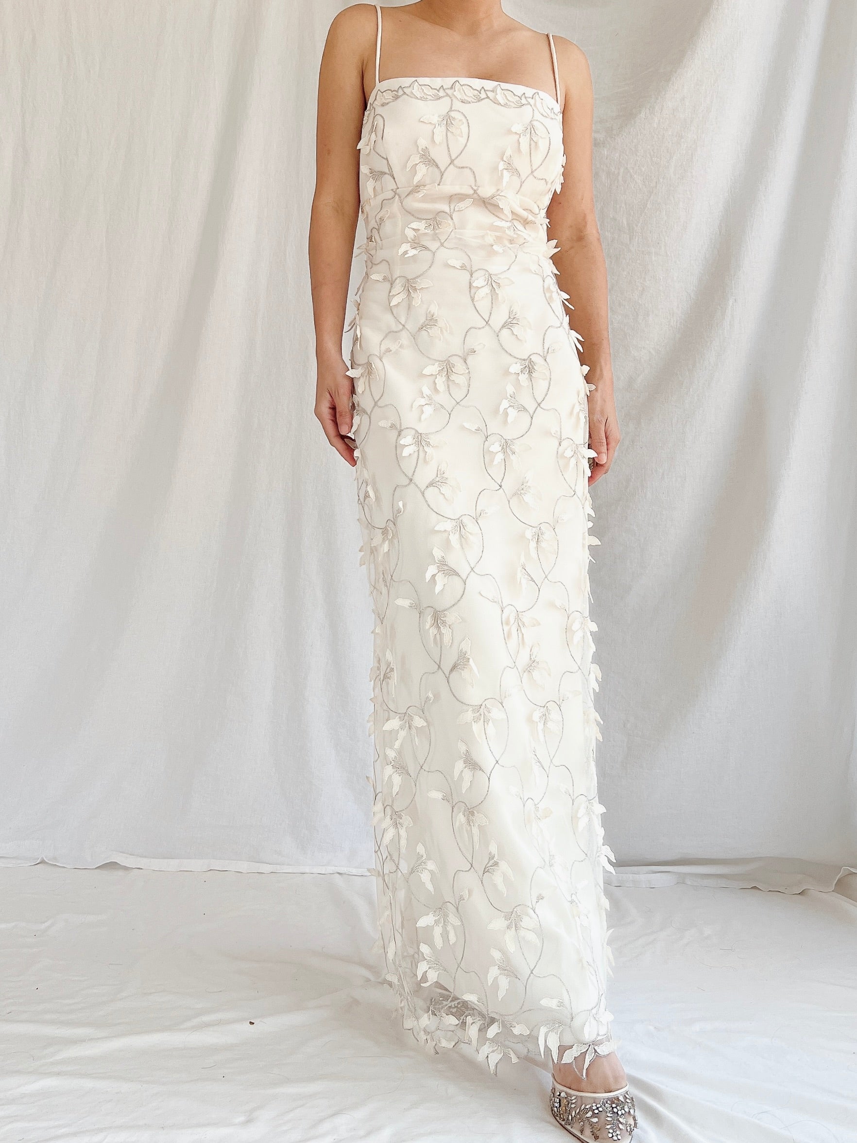 1990s 3D Floral Applique Tulle Gown - M