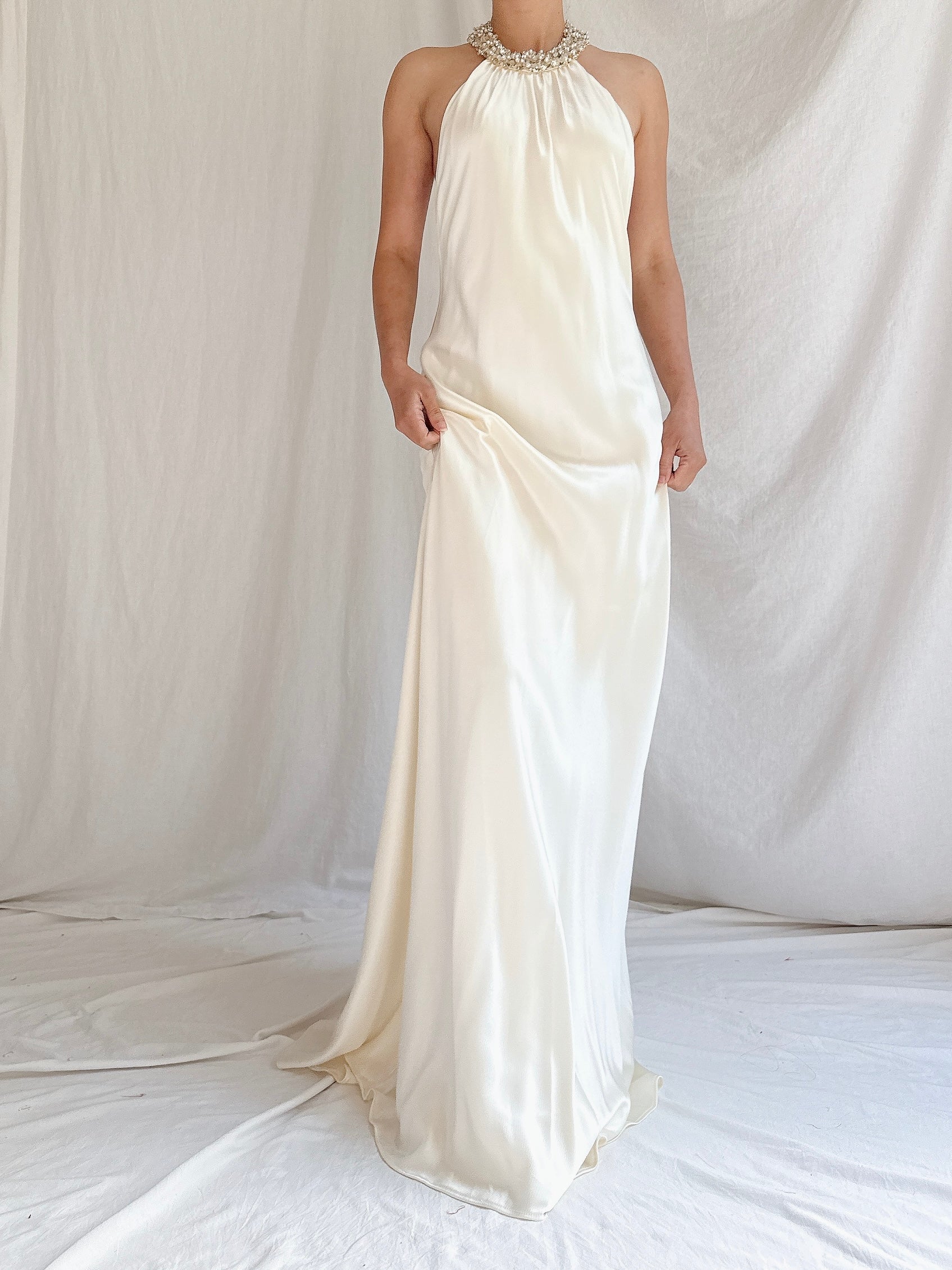 Vintage Satin Beaded Collar Gown - M