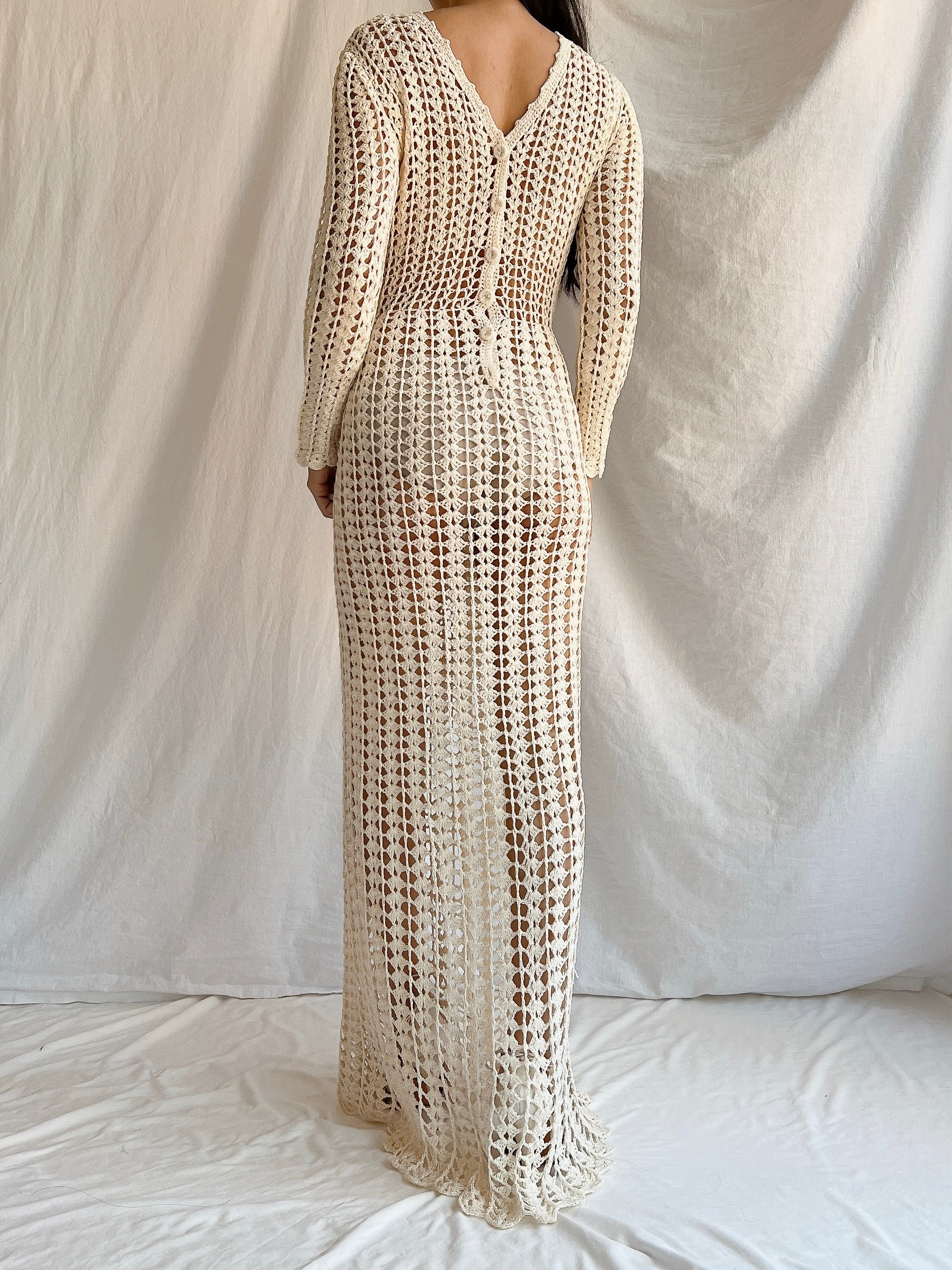 1970s Reversible Crochet Long Sleeve Dress - S