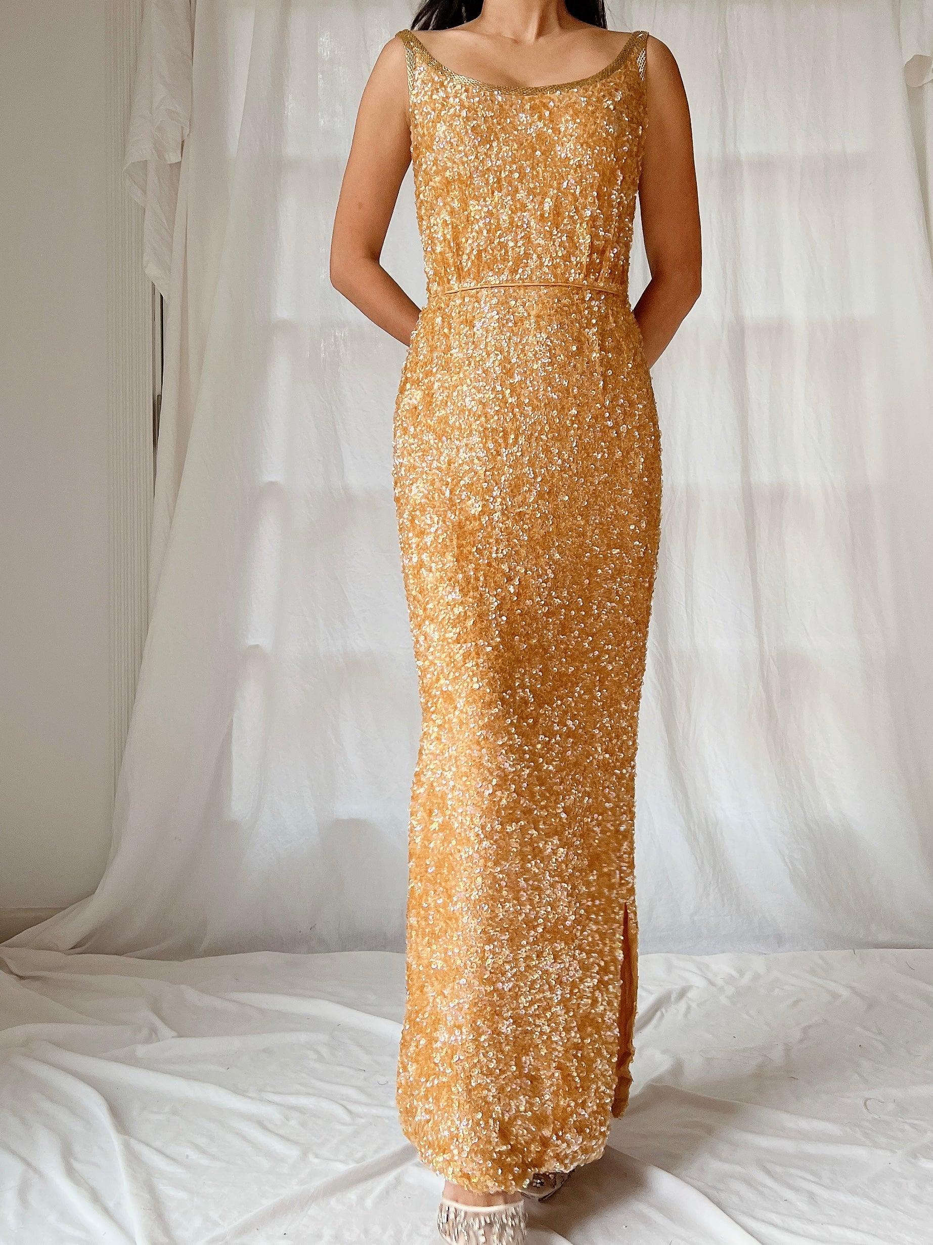 1960s Marigold Silk Sequins Dress - XS/2