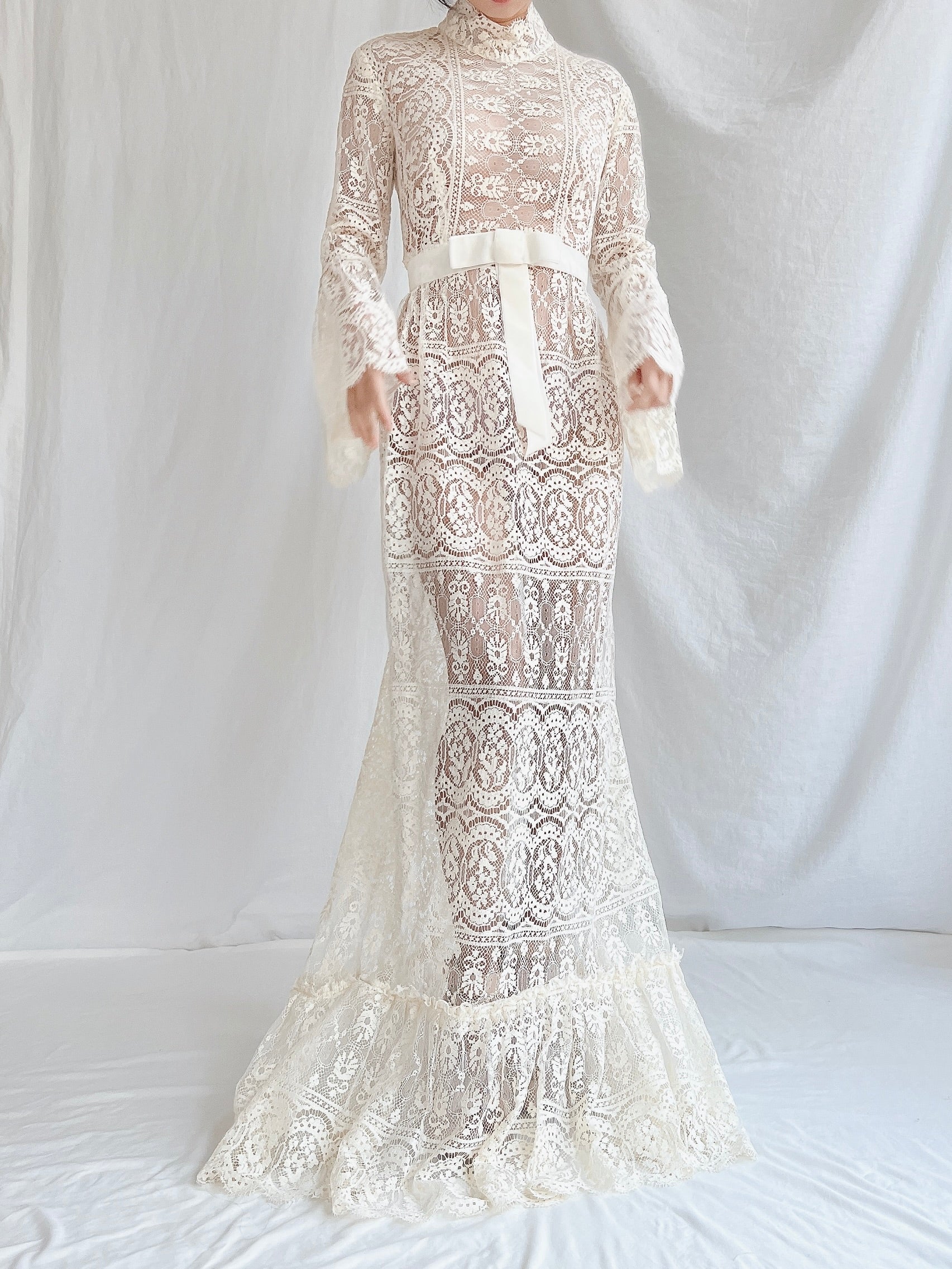 1970s Sheer Filet Lace Gown - M