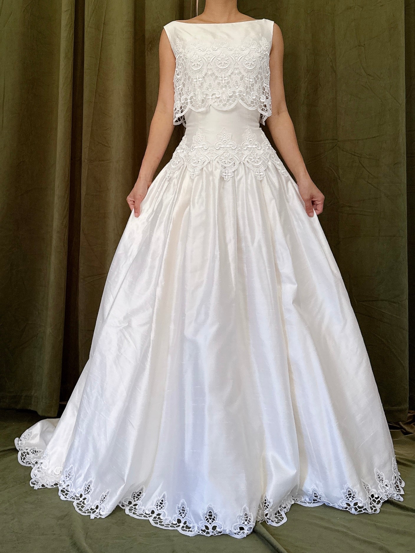 RESERVED for Cheyenne Payment 1/2 Vintage Raw Silk Embroidered Cutout Gown - S/4
