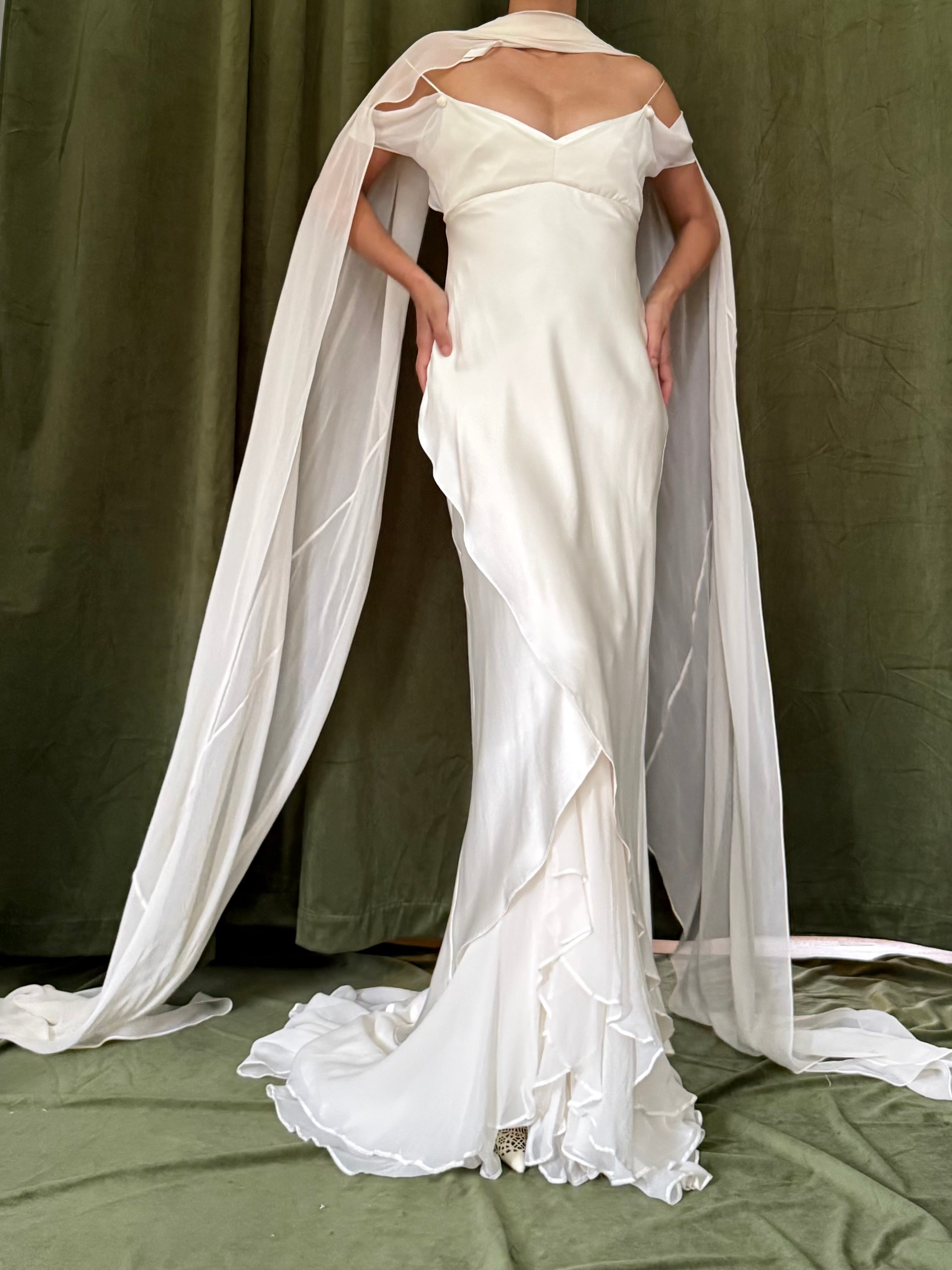 1990s Silk Chiffon Charmeuse Gown w/Scarf - M