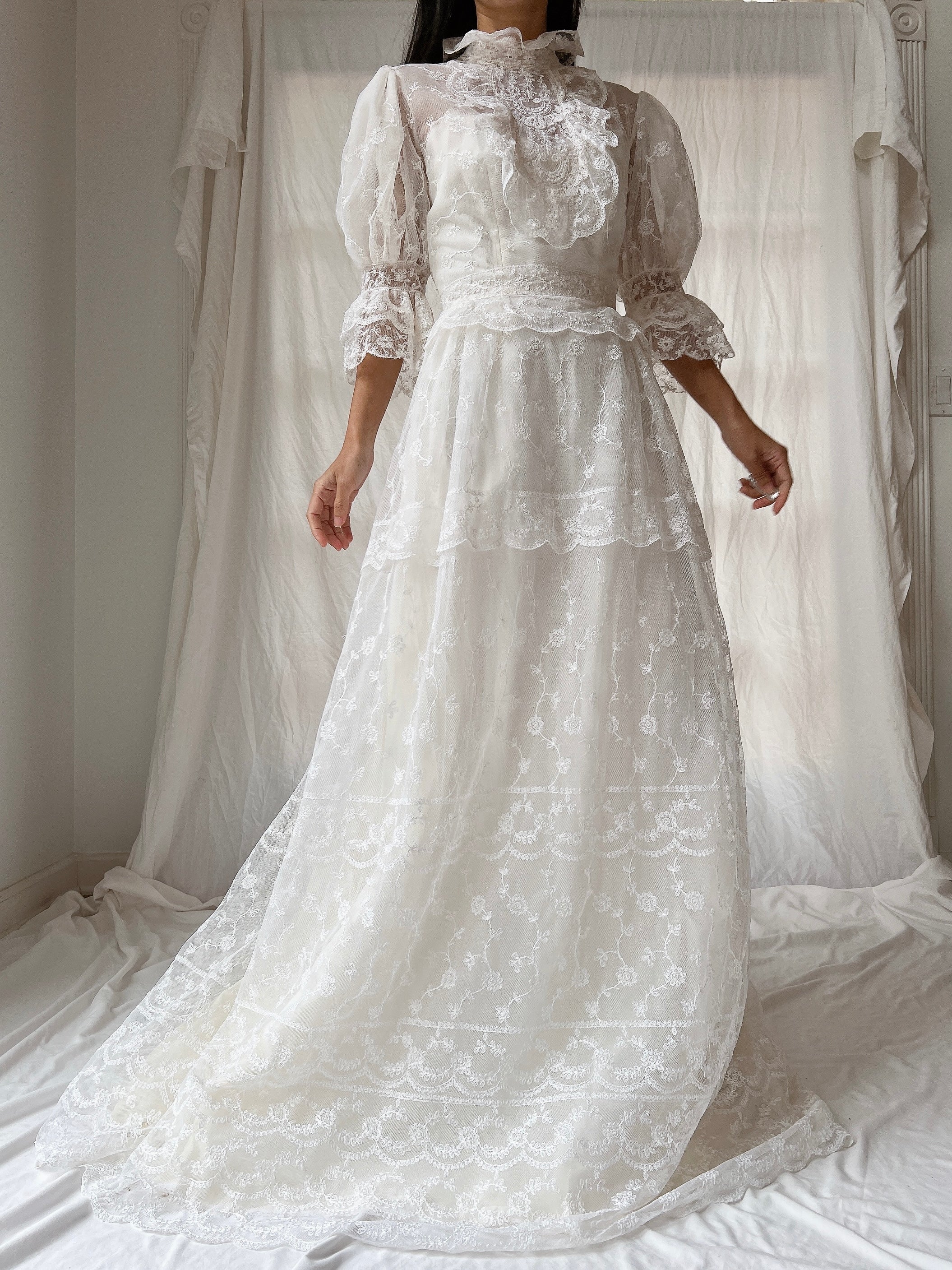 Vintage Needle Lace Puff Sleeve Gown - S
