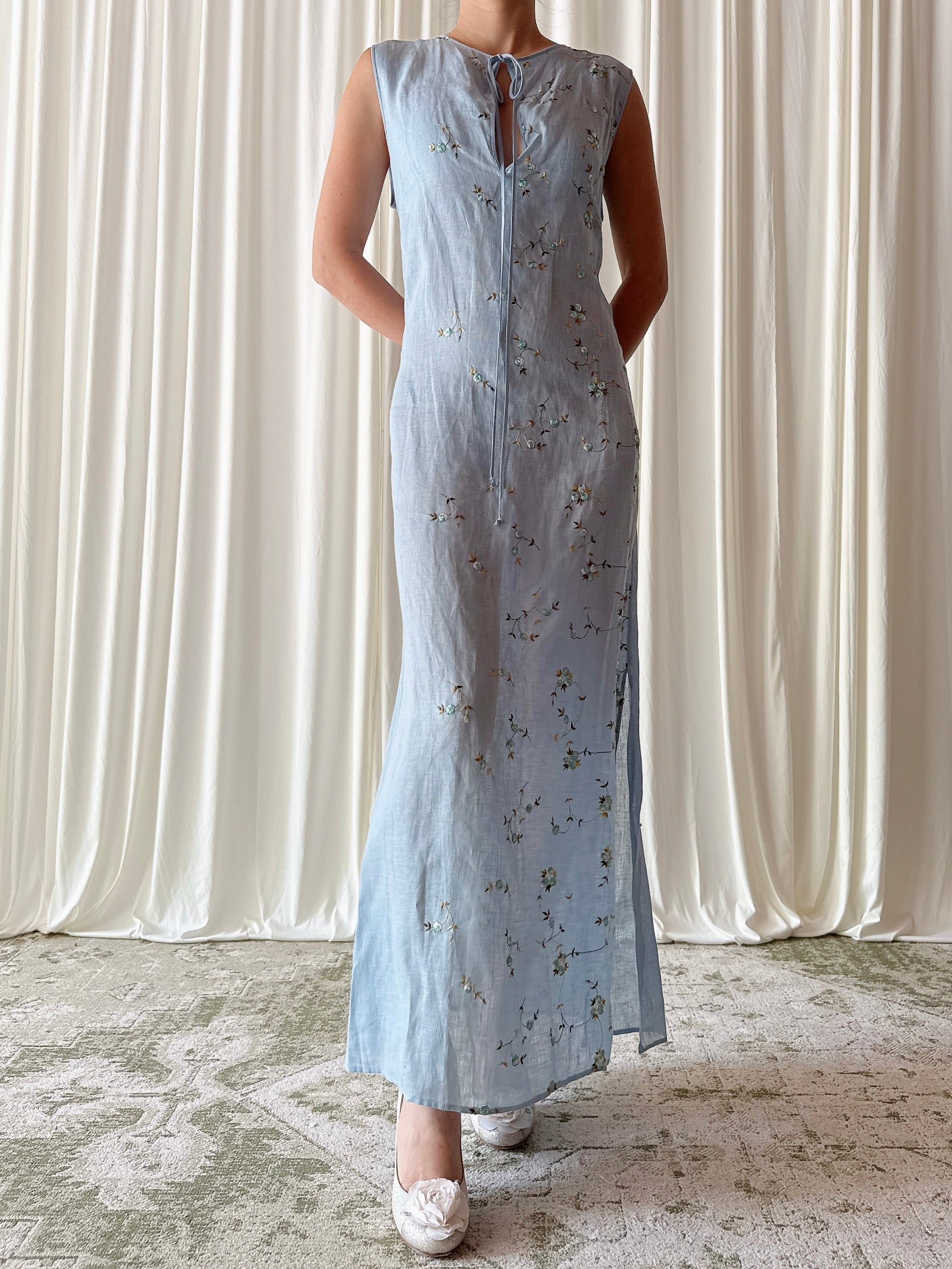 Vintage Blue Linen Embroidered Dress - FR 44