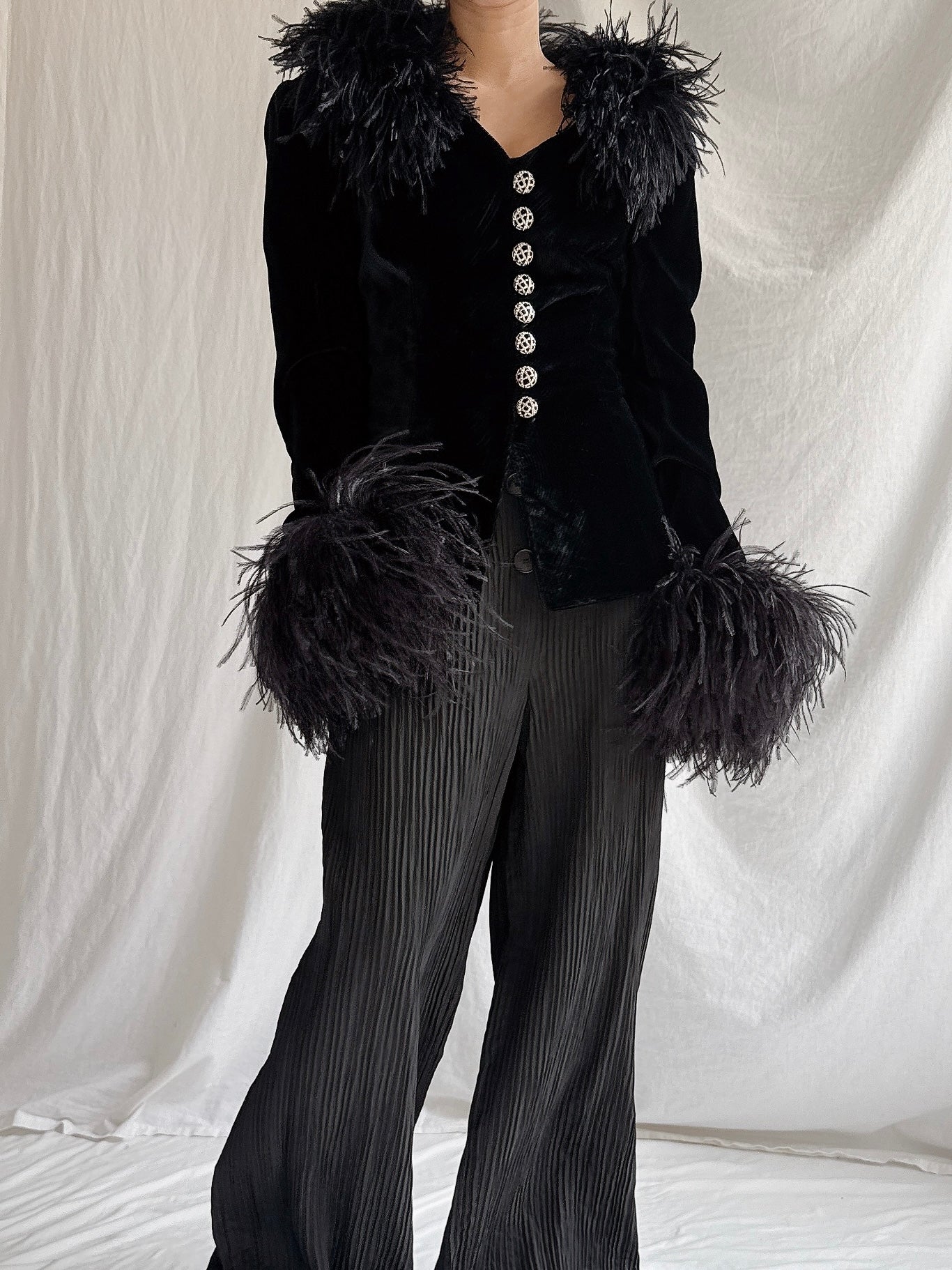 Vintage Paola Baccini Italy Ostrich Feather Silk Velvet Jacket - M/L