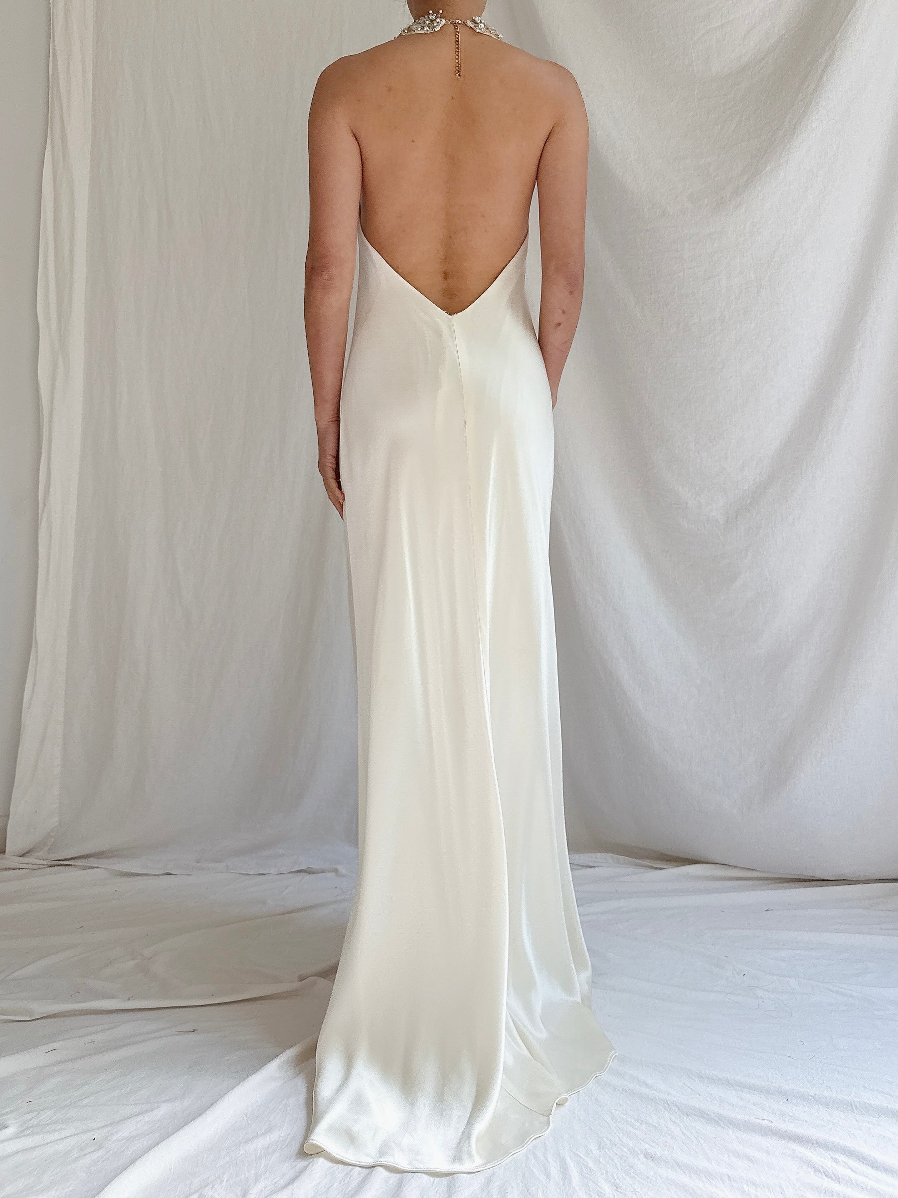 Vintage Satin Beaded Collar Gown - M