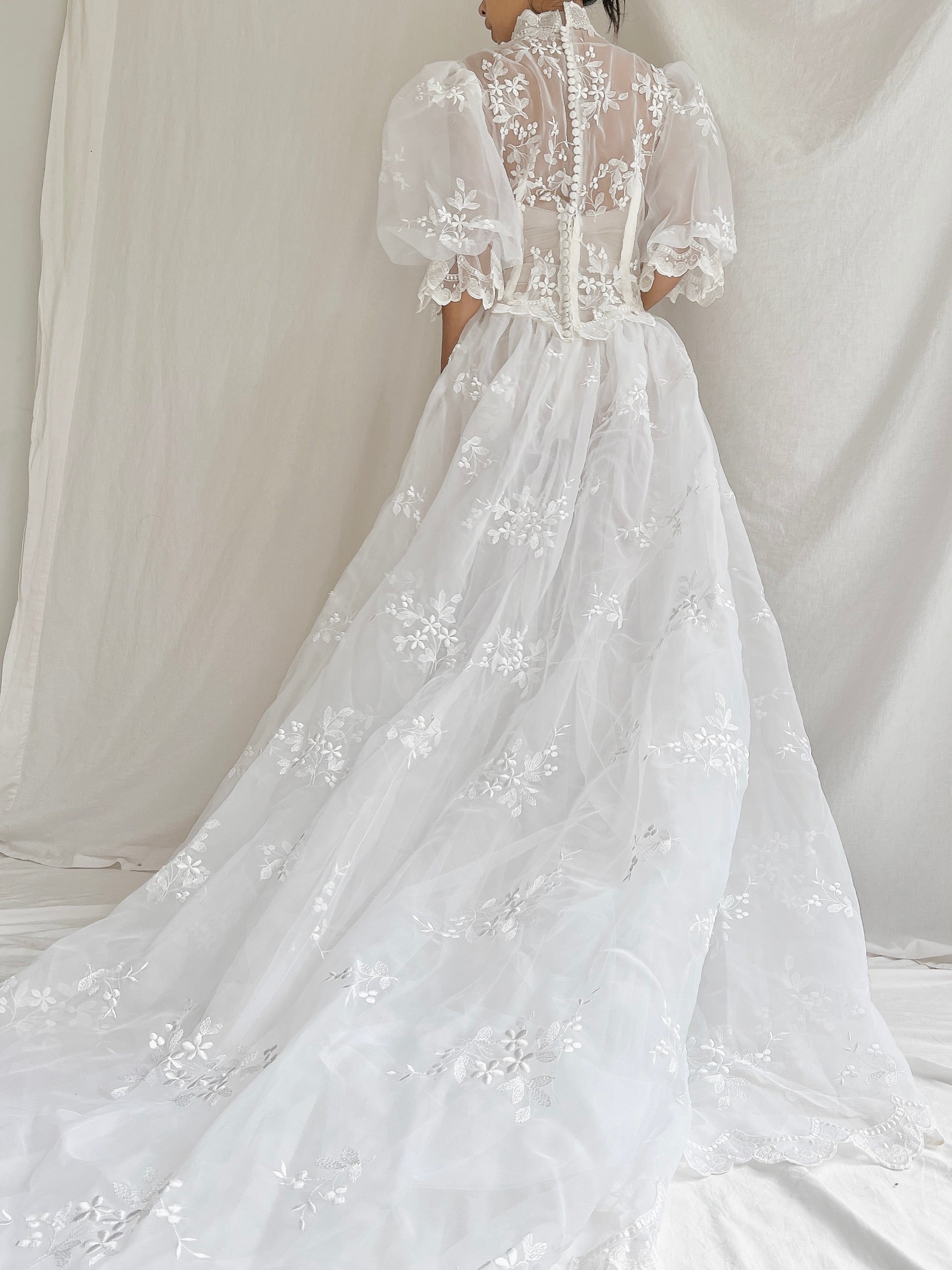 Vintage Sheer Puff Sleeves Gown - S