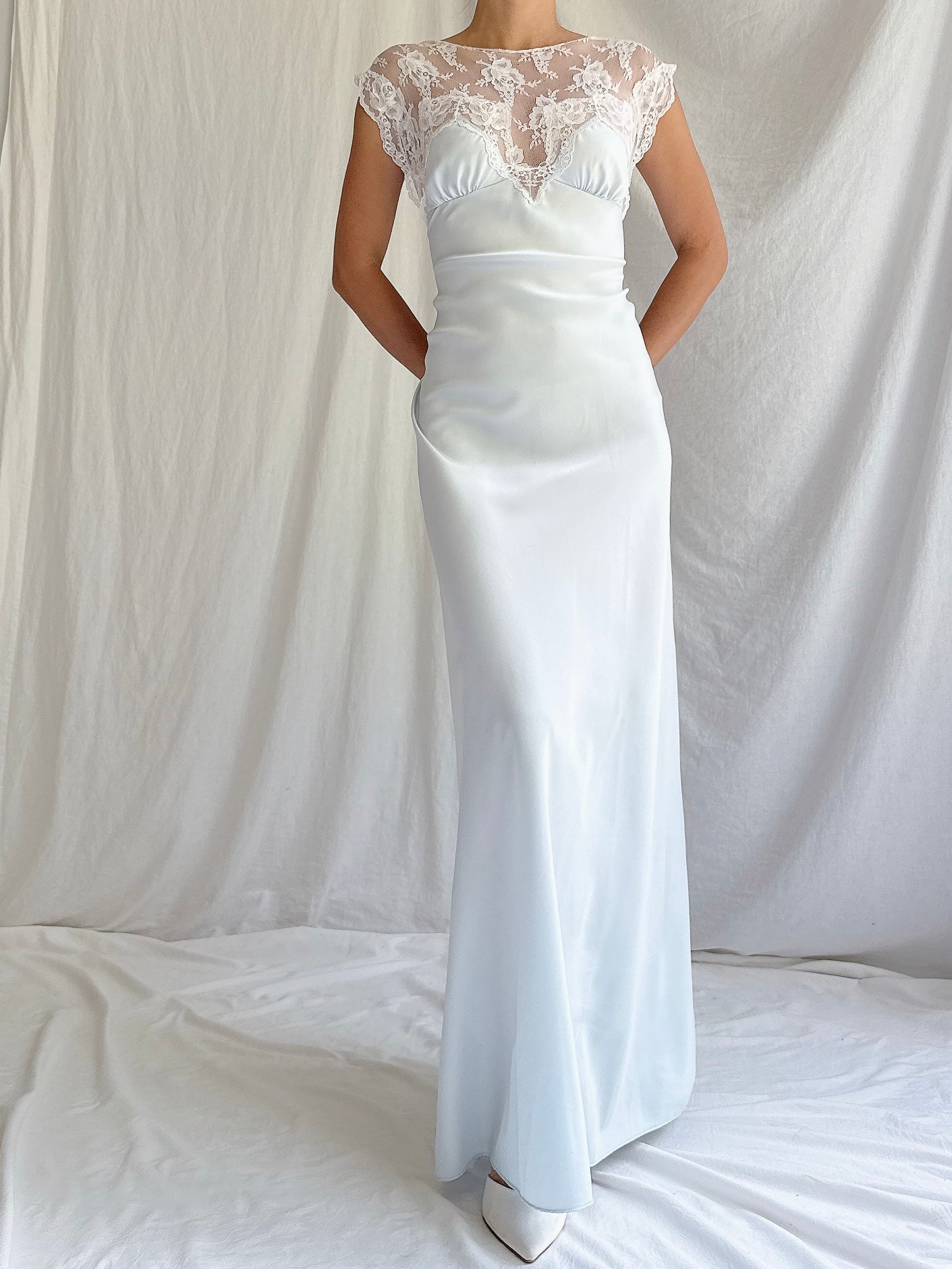 1980s Light Blue Nylon Lace Dress - M