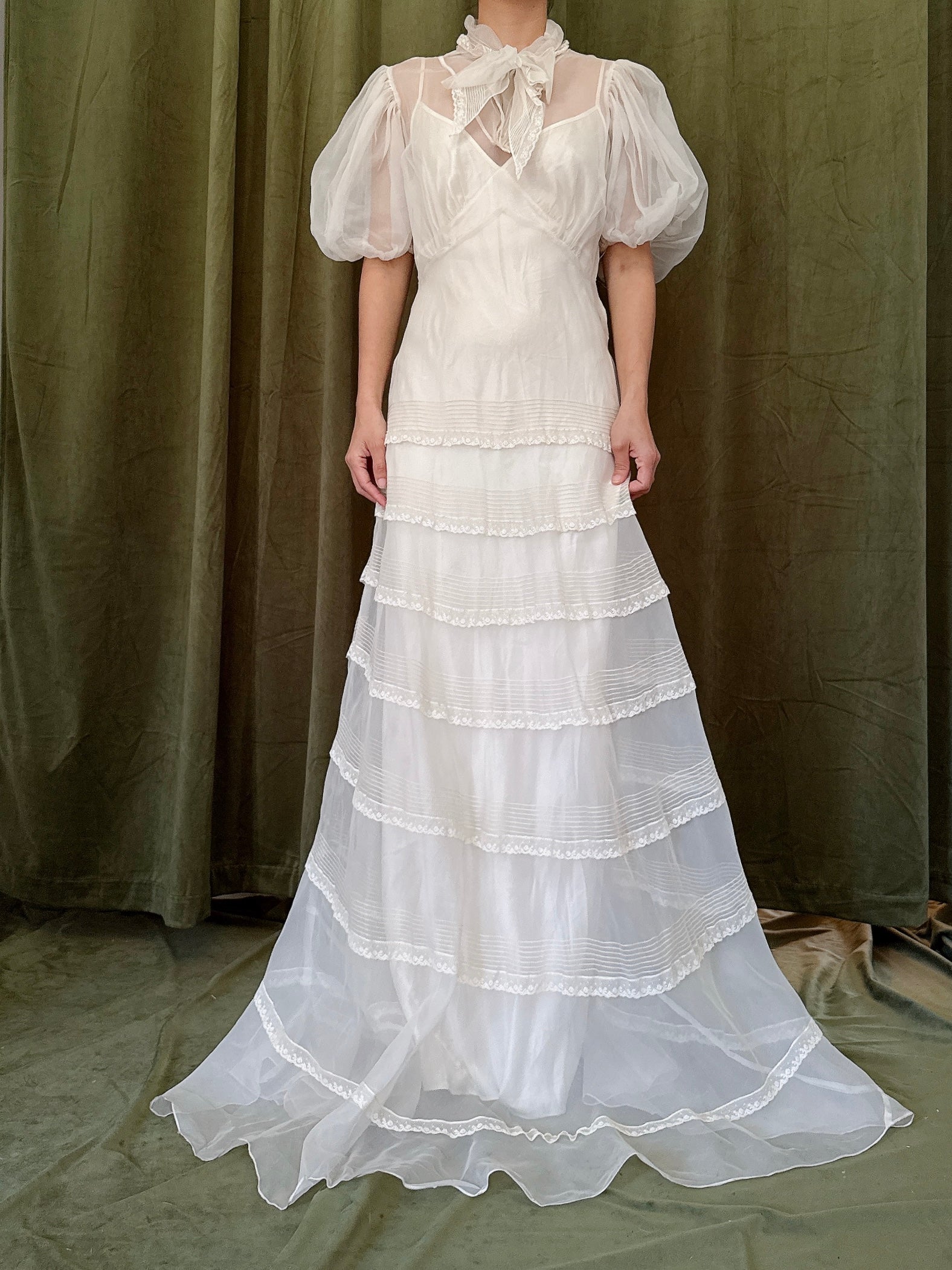 1930s Silk Organza Puff Sleeve Gown - XS