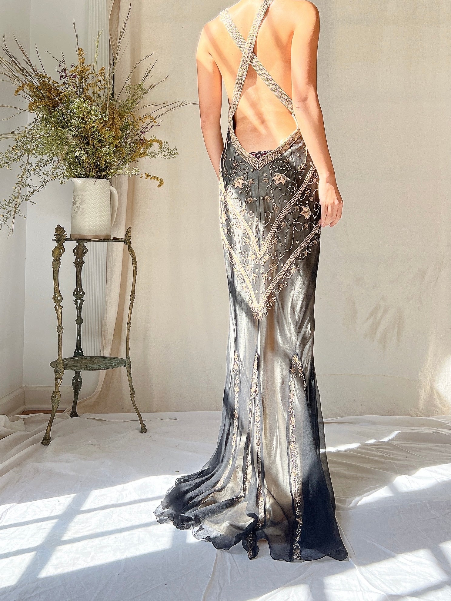 Vintage Silk Beaded Bias Cut Dress - M