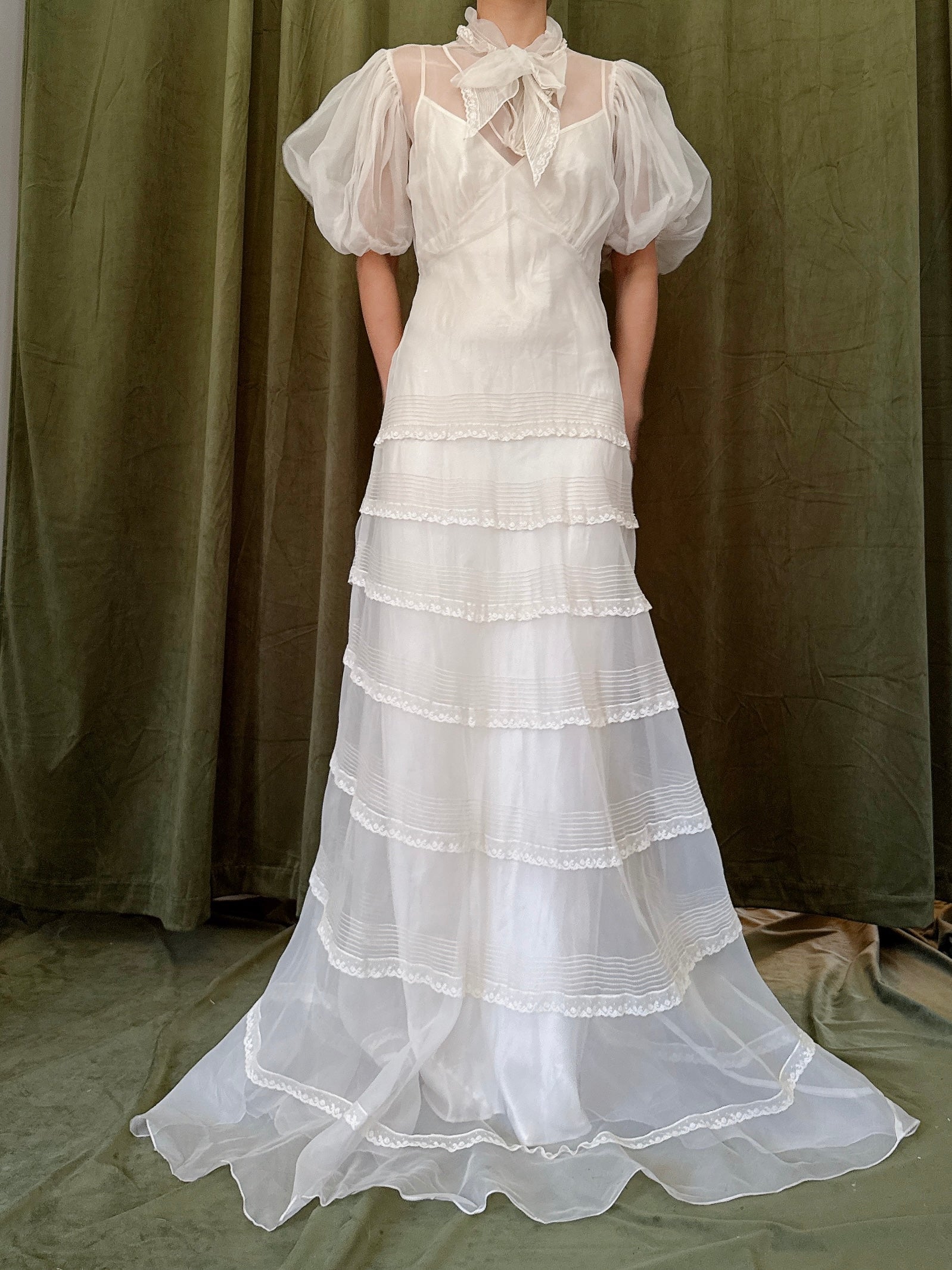 1930s Silk Organza Puff Sleeve Gown - XS