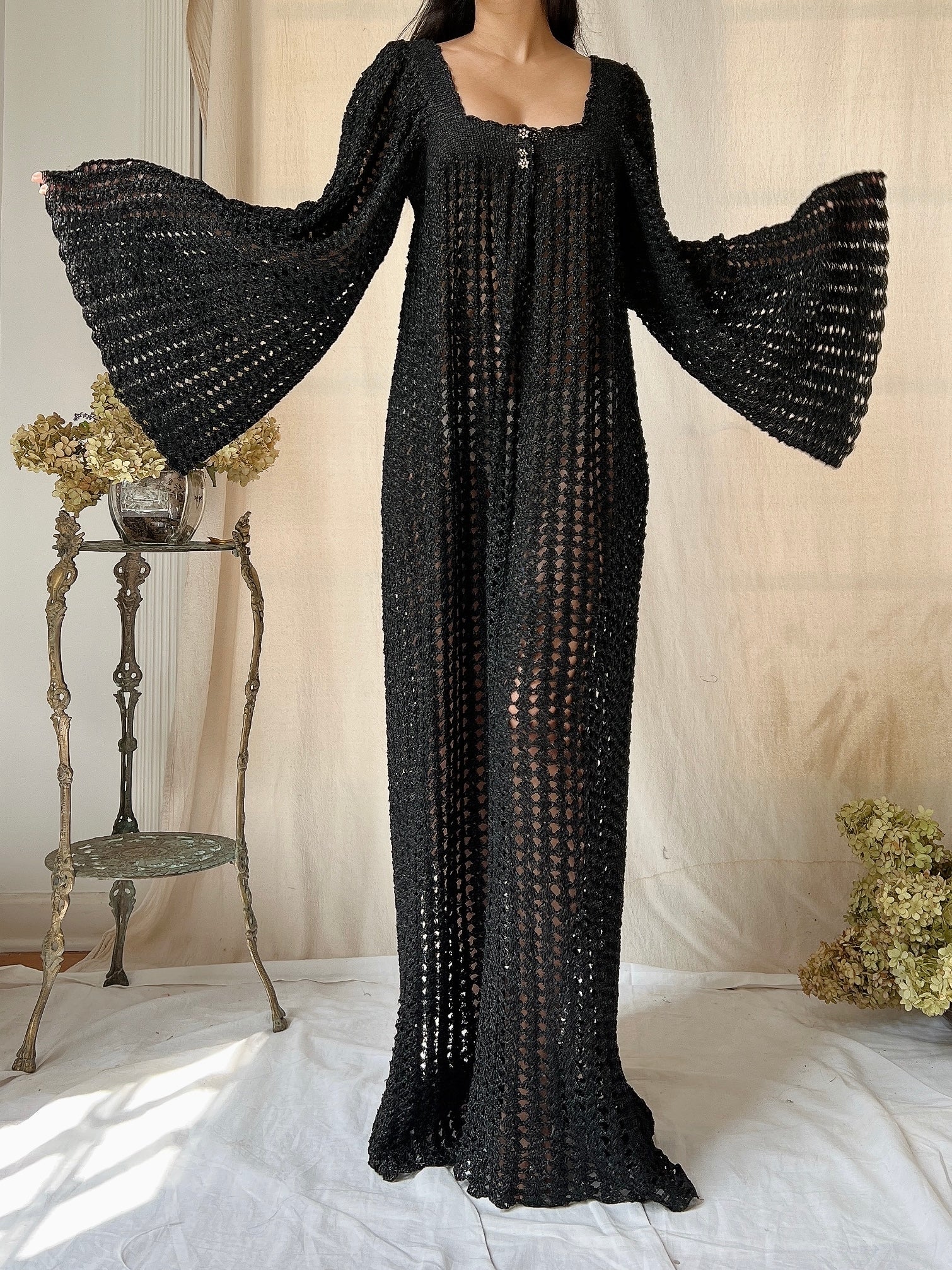 Vintage OOAK Shimmer Hand-Crochet Angel Sleeve Gown - S/M
