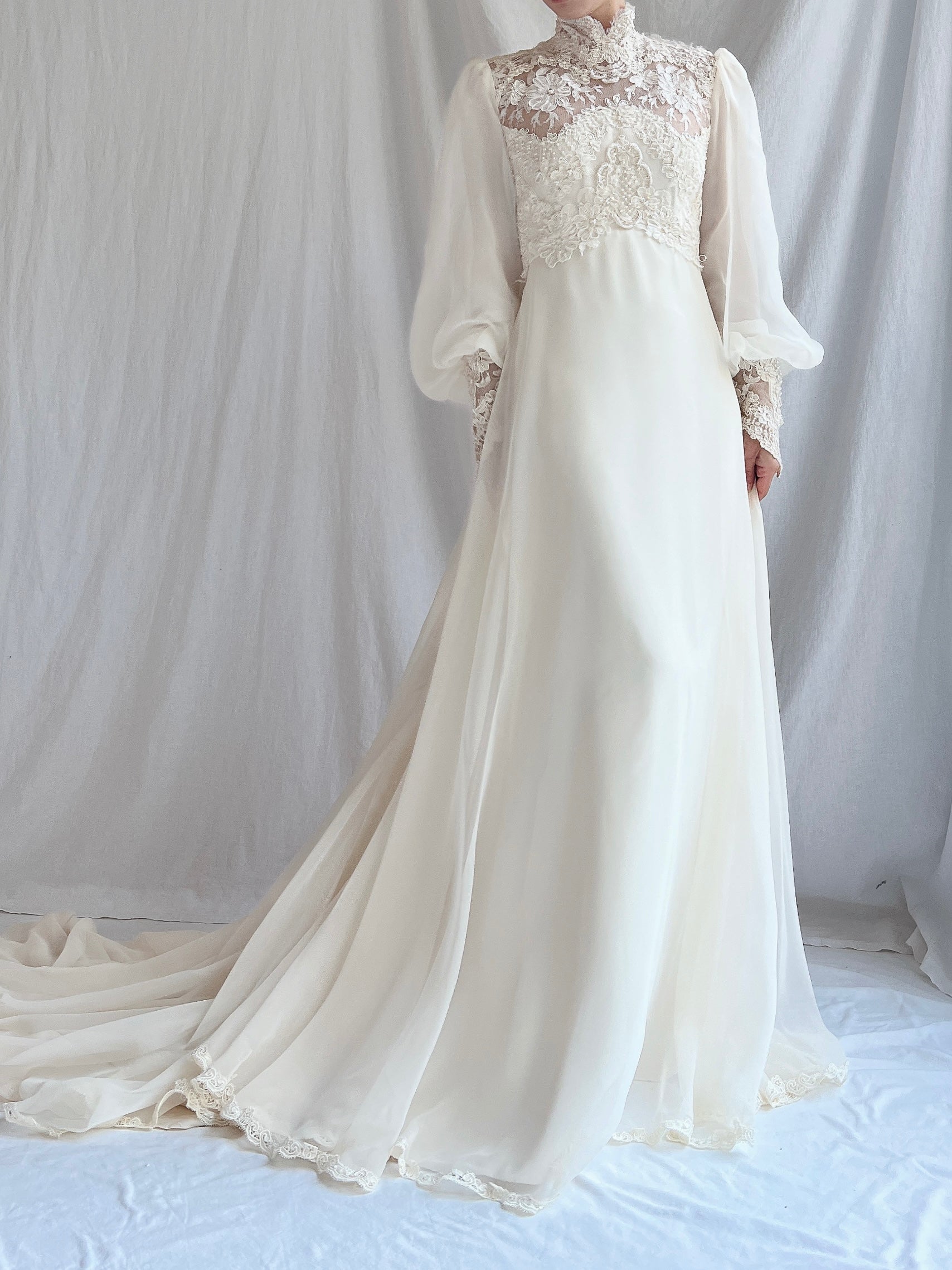 Vintage Poet Sleeve Chiffon and Lace Gown - S