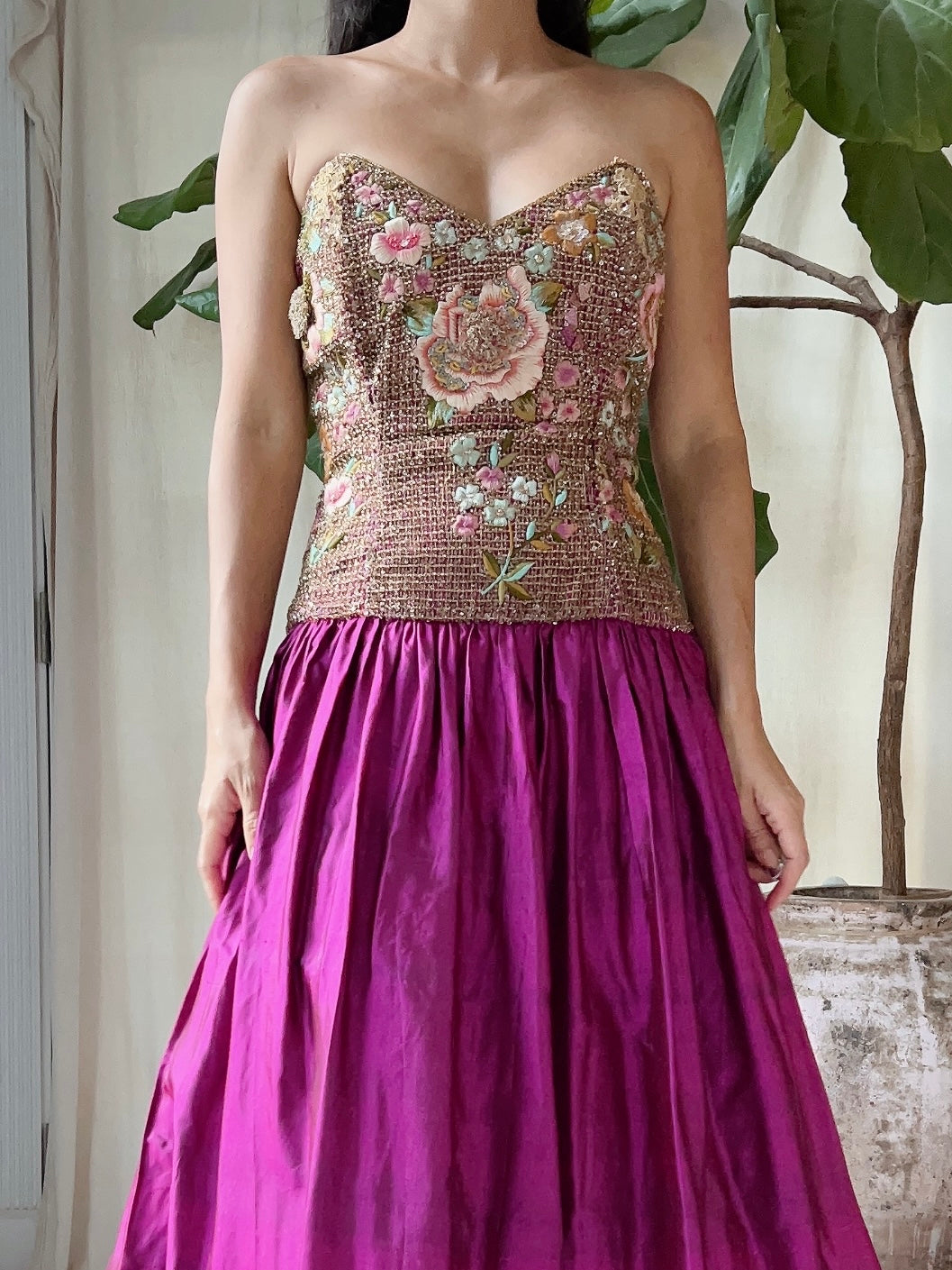 Vintage Embroidered Silk Dress - M