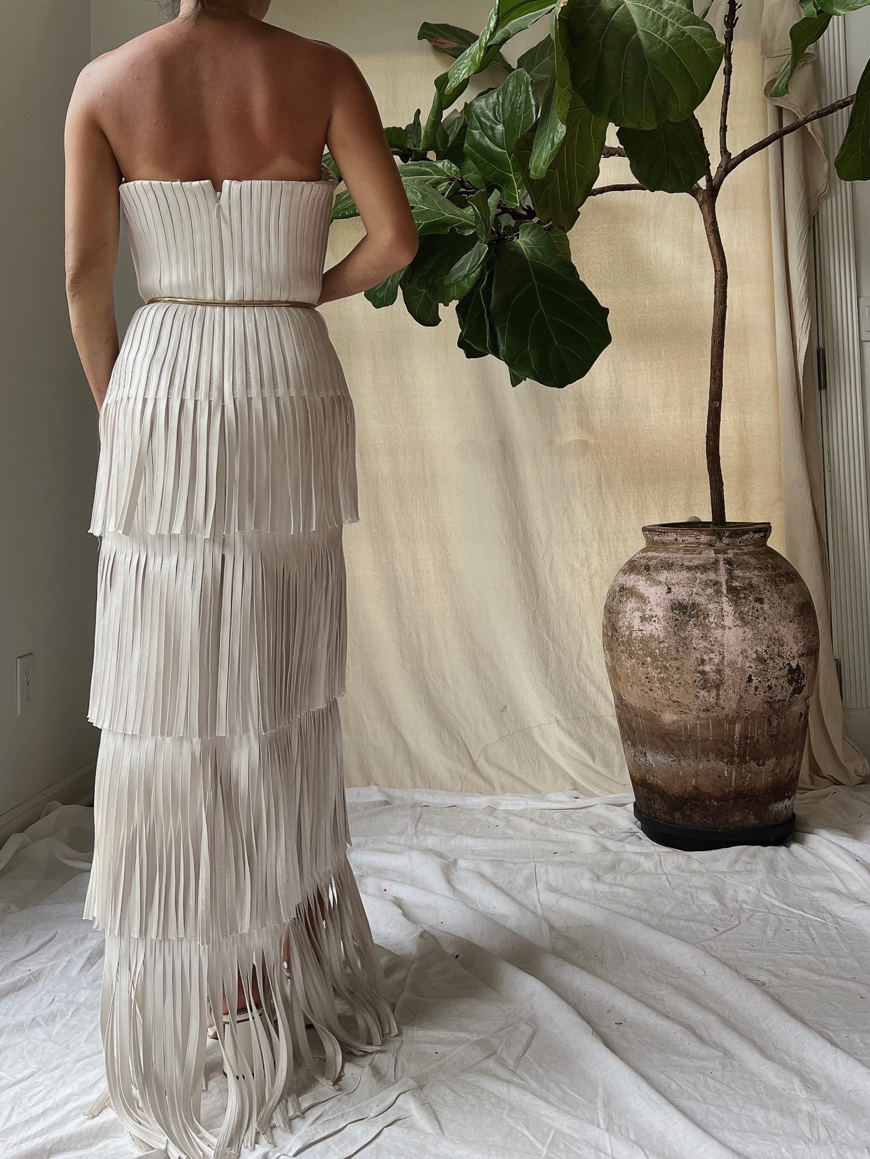 Y2K Oyster Satin Fringe Gown - S/4