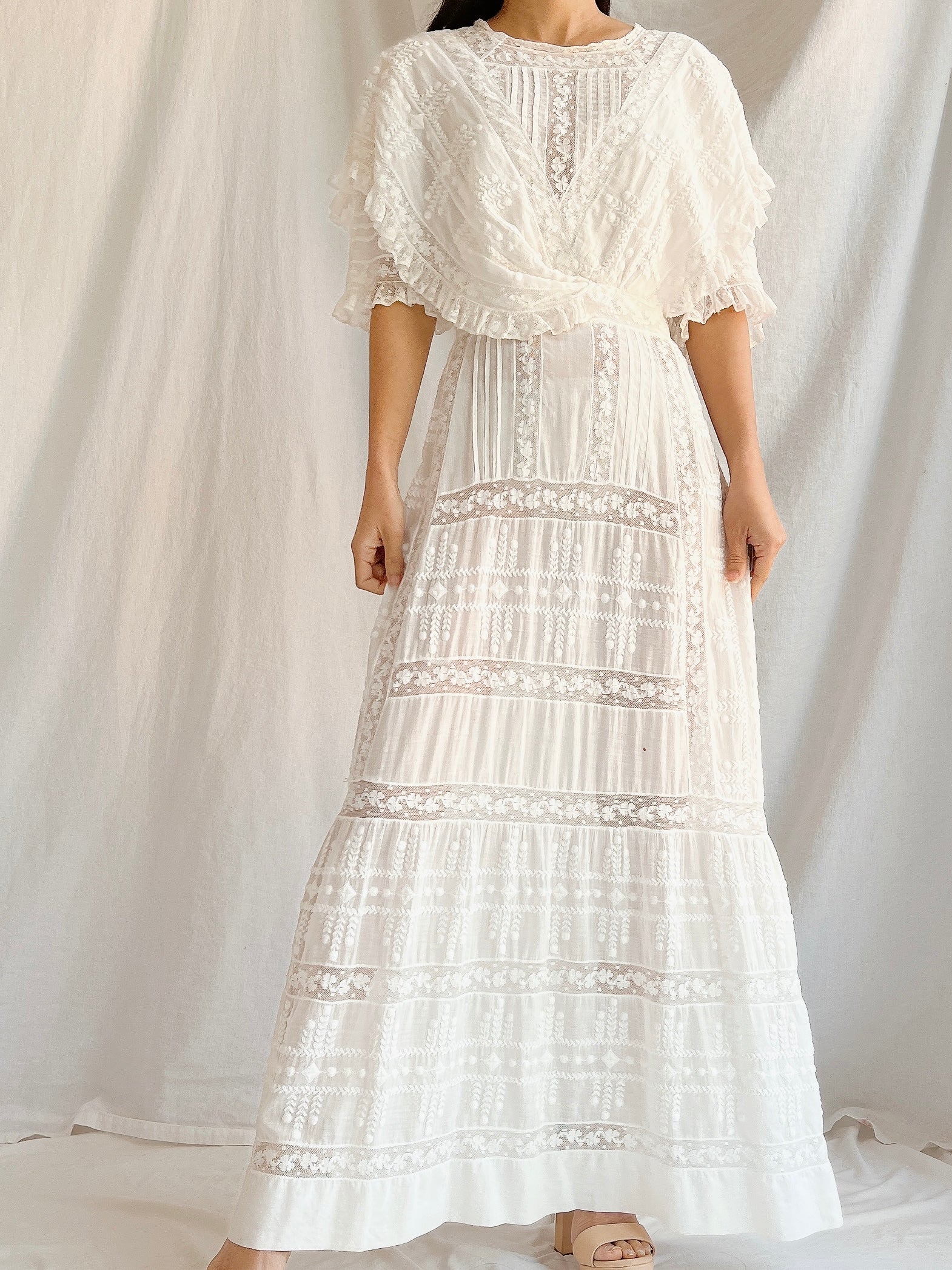 Edwardian Cotton Draped Bodice Lawn Dress - XS