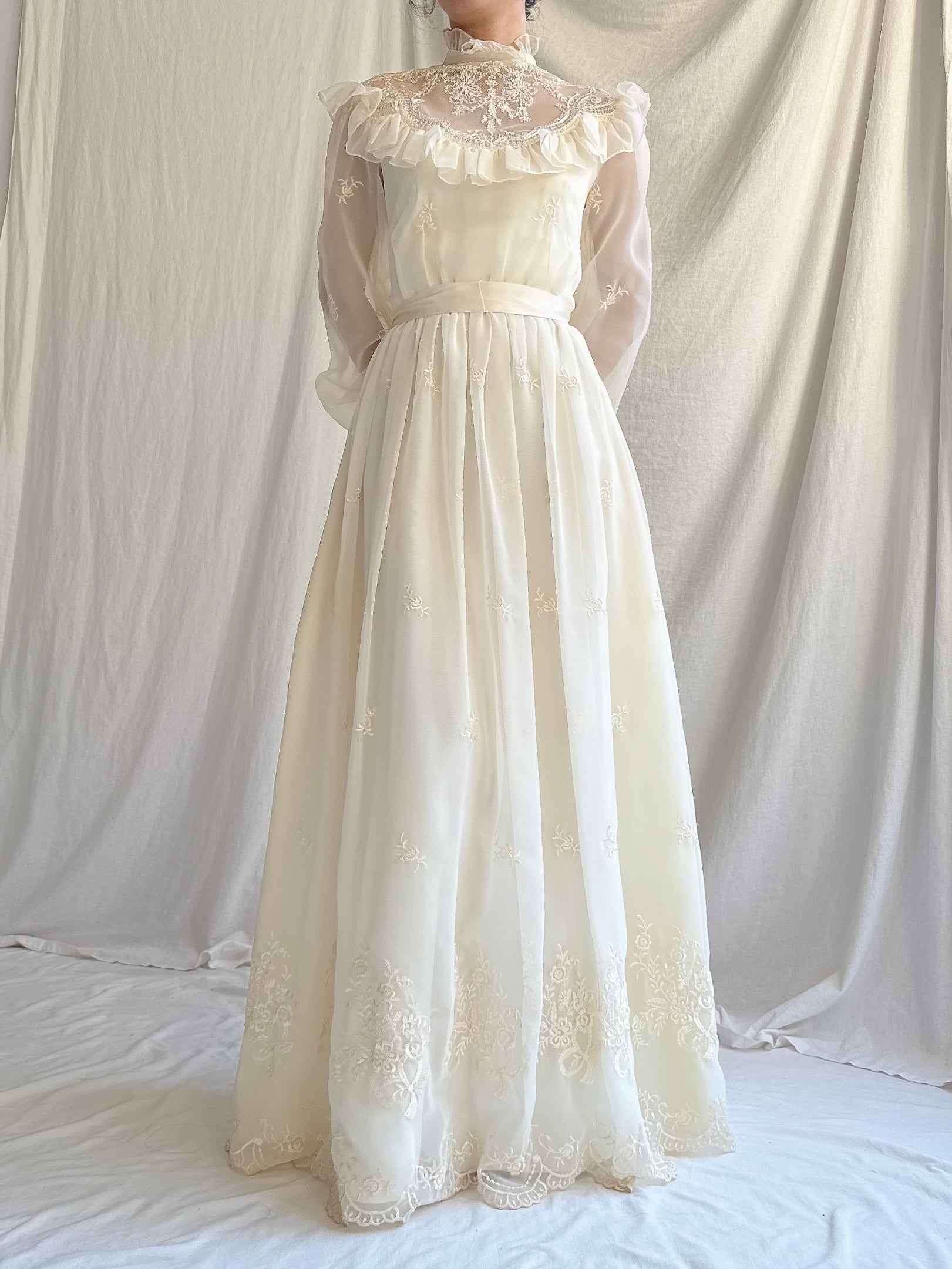 1980s Chiffon Embroidered Dress - XS/S