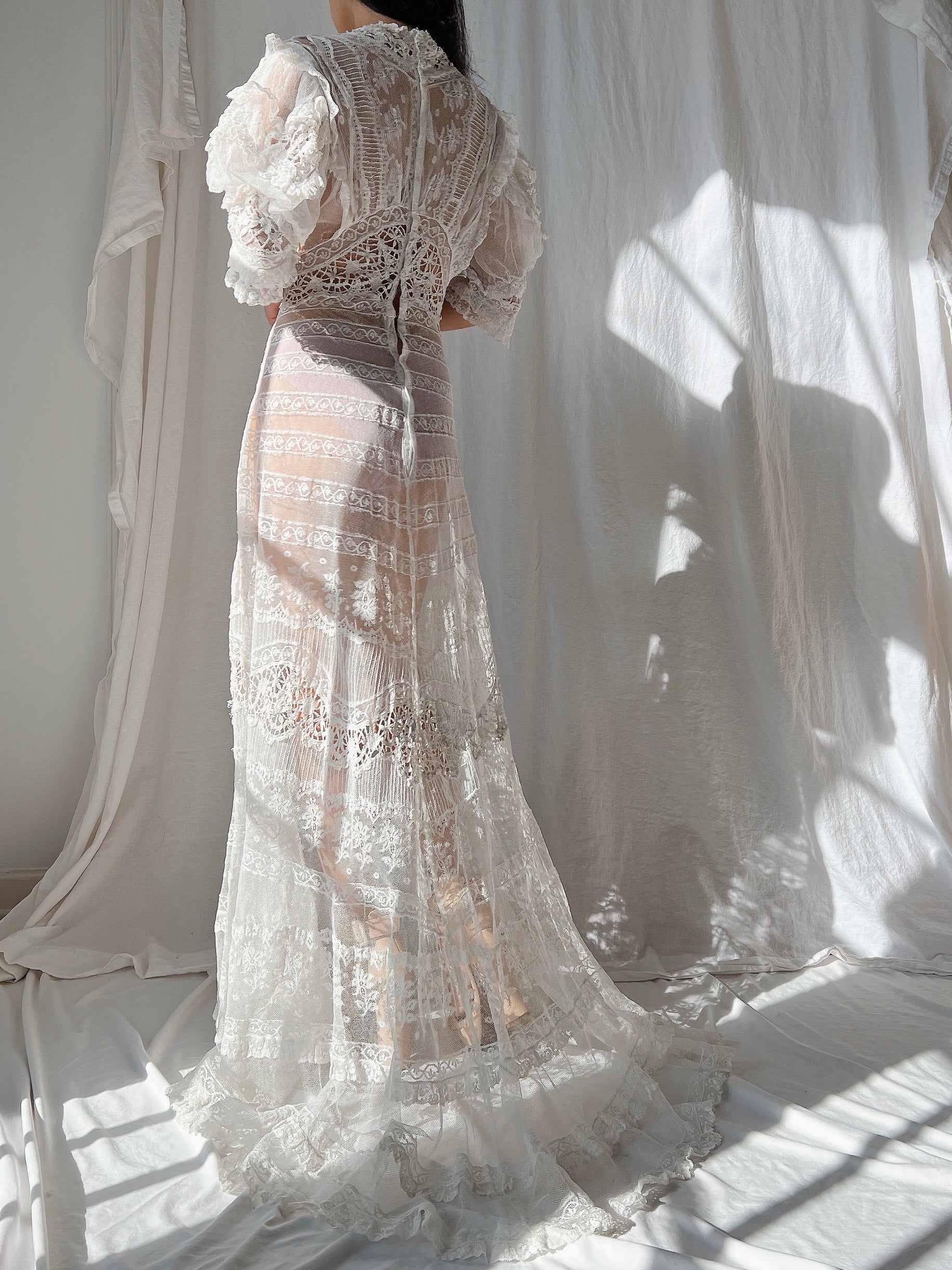Rare Puff Sleeve Antique Tulle and Valenciennes Gown - S