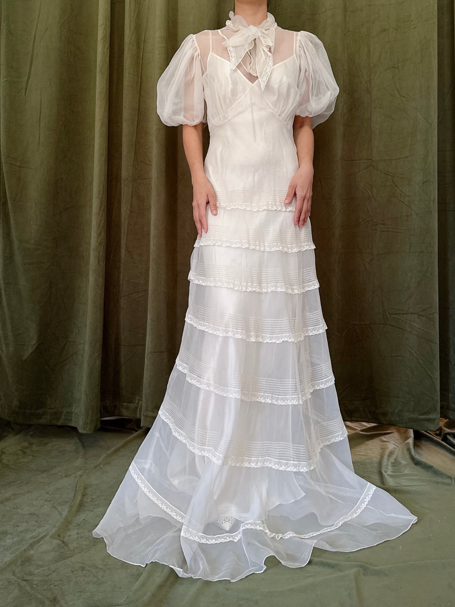 1930s Silk Organza Puff Sleeve Gown - XS