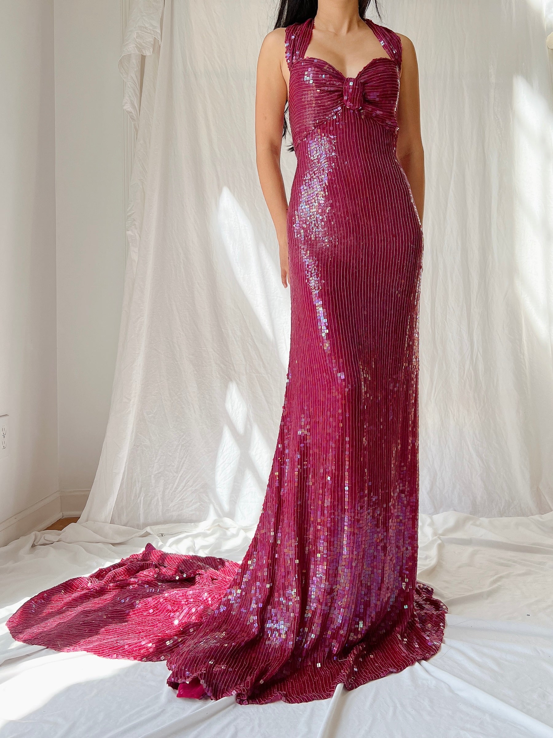 Vintage Ruby Silk Sequins Gown - L/US 12