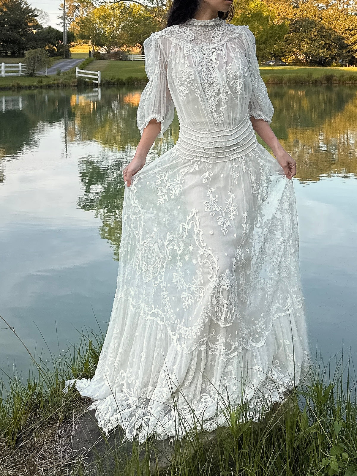 Rare Antique Tambour Lace Gown - S