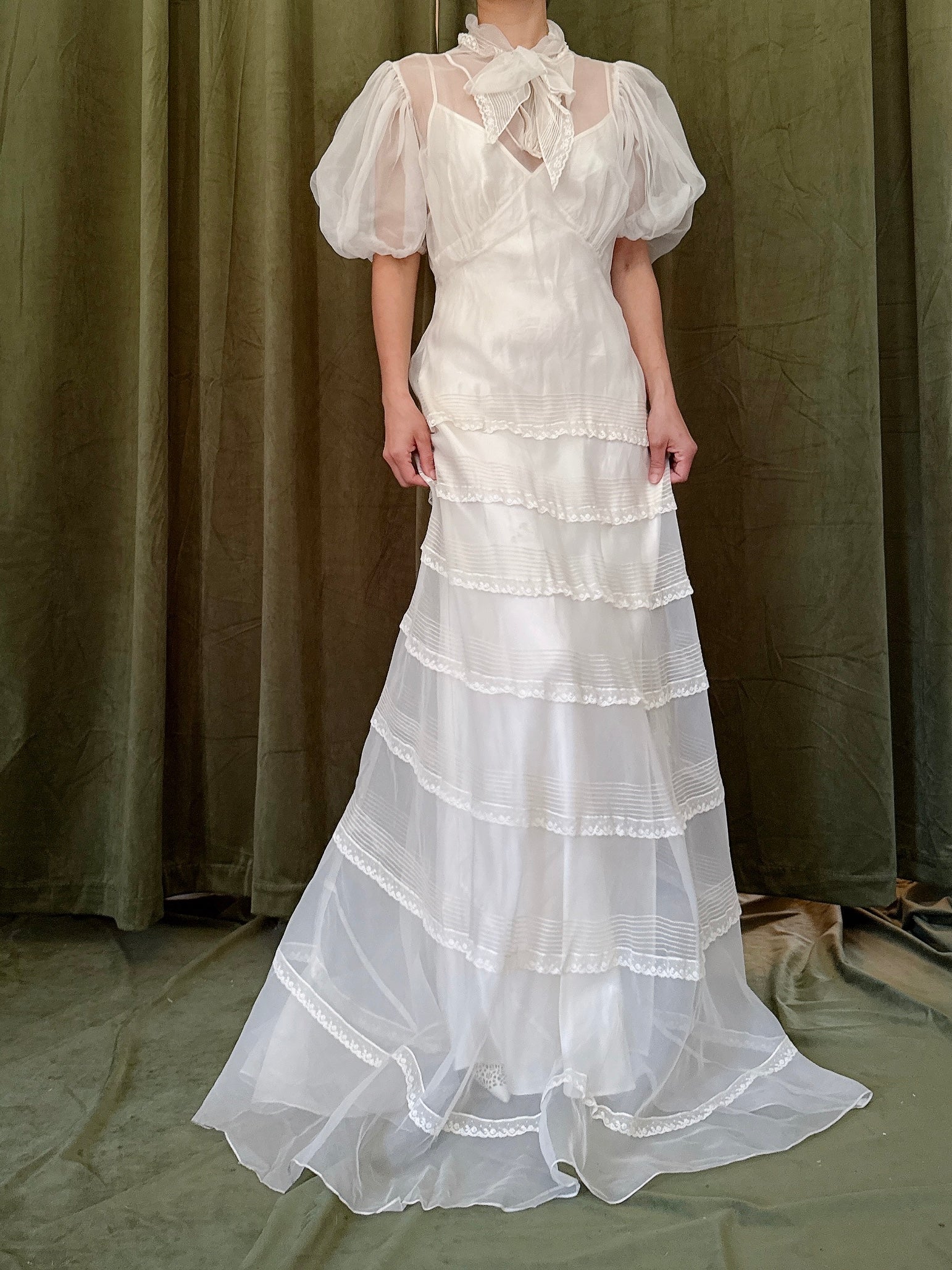 1930s Silk Organza Puff Sleeve Gown - XS