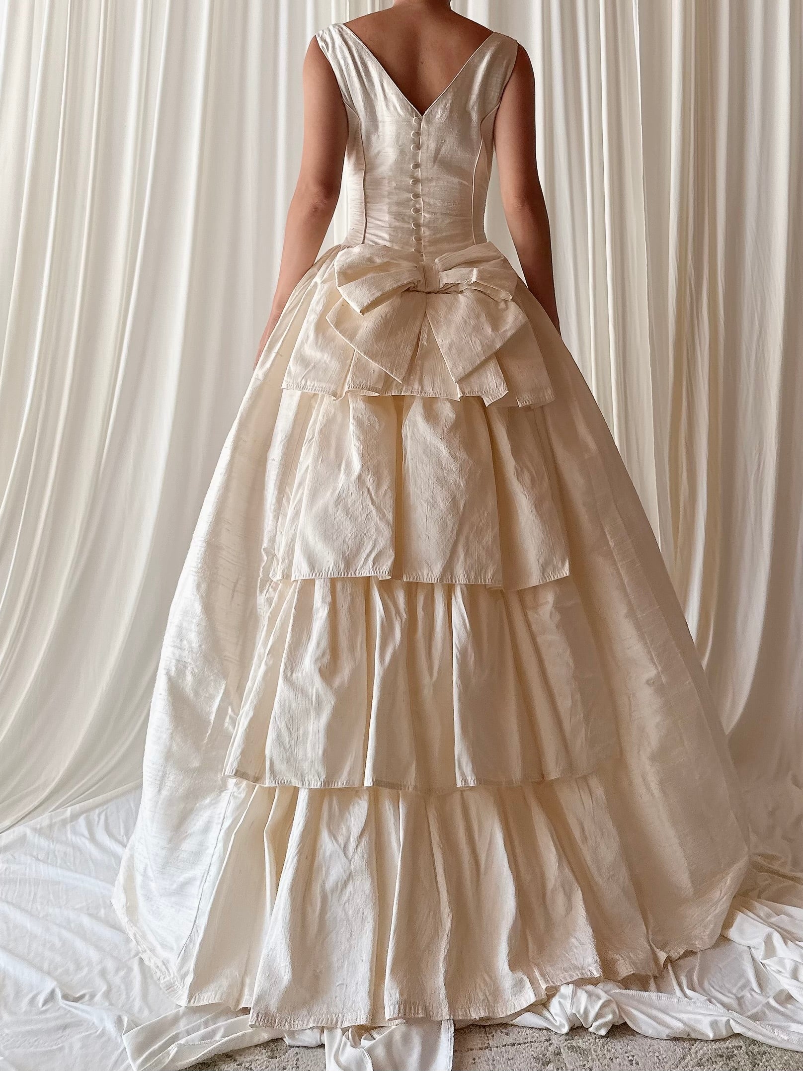 Vintage Ivory Raw Silk Boat Neck Gown - S