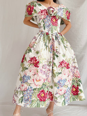 Vintage Polished Cotton Floral Dress - XS
