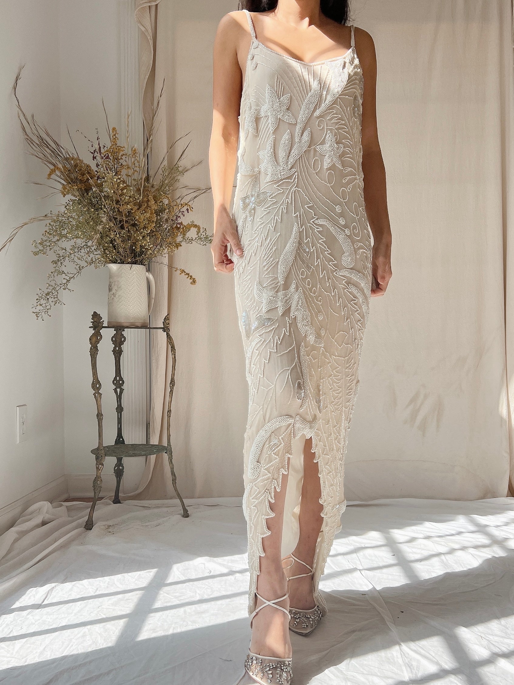 1980s Silk Chiffon Seed Pearls Stars Dress - M