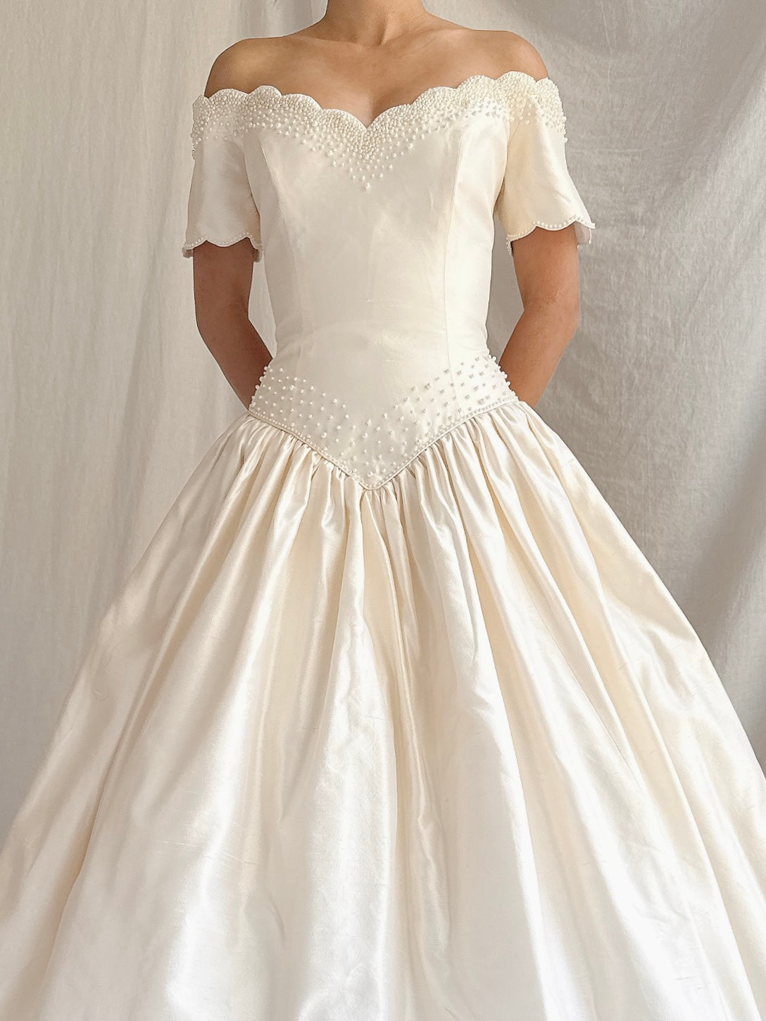 1980s Pearl Beaded Off-the-Shoulder Gown - M/6